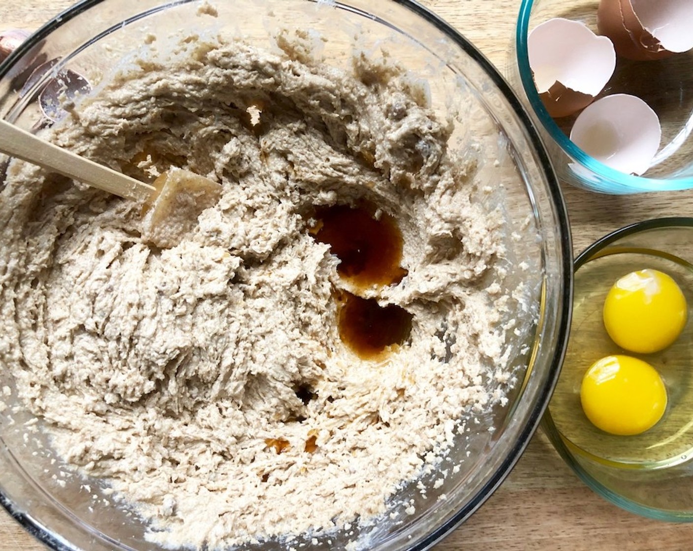 step 3 Scrape down the bowl with a rubber spatula. At low speed, add the Pure Vanilla Extract (1/2 Tbsp) then the Farmhouse Eggs® Large Brown Eggs (2) one at a time. Scrape down the bowl again.