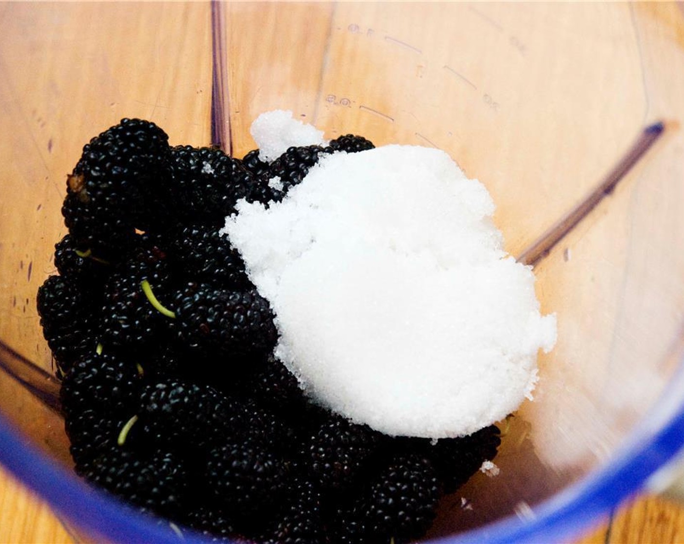 step 1 In a blender combine Fresh Blackberries (1 1/2 cups), juice from Lemon (1), Granulated Sugar (1/4 cup), and Water (1 Tbsp).