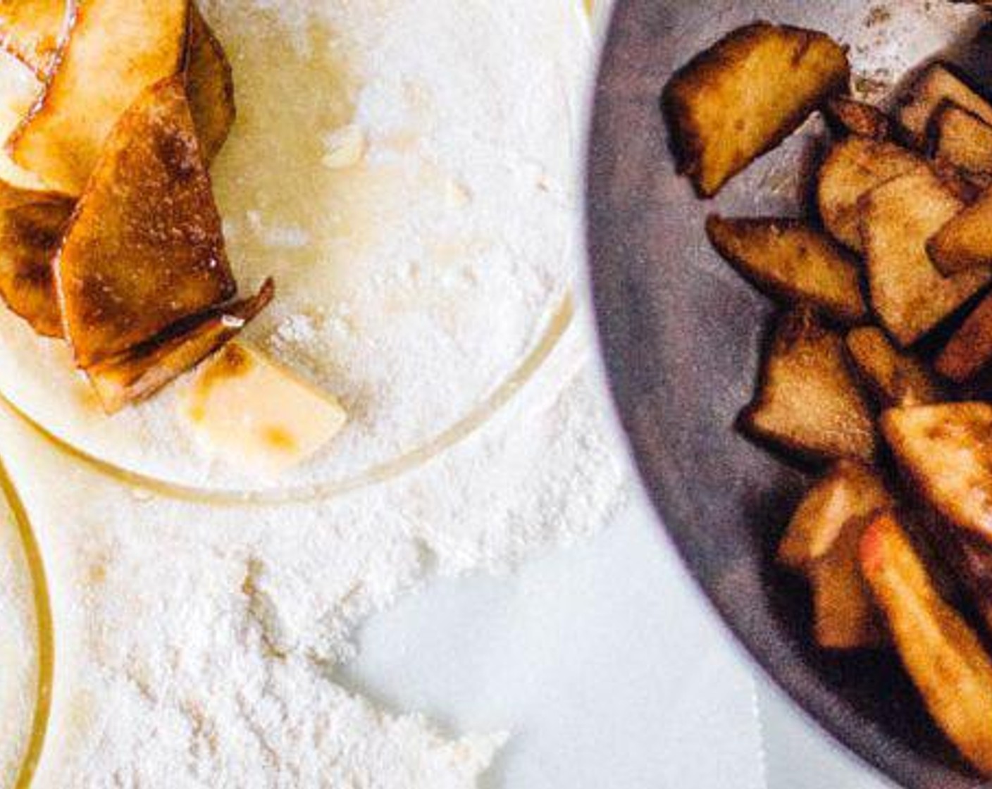 step 2 Peel, core, and chop Pink Lady Apples (2) into small chunks. Into the apples mix the juice from Lemon (1), Dark Brown Sugar (1/2 cup), Ground Cinnamon (1 tsp), Ground Nutmeg (1/4 tsp) and All-Purpose Flour (1 Tbsp). Add more flour if filling is runny.