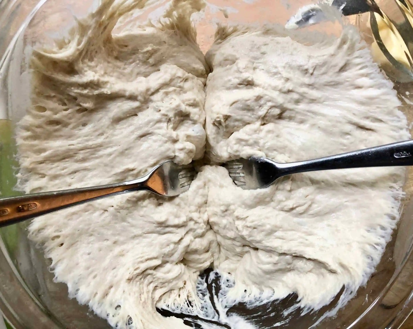 step 7 Using your two forks and working from the center out, separate the dough into two equal pieces. Use the forks to lift each portion into a prepared bowl. Do not cover the bowls.