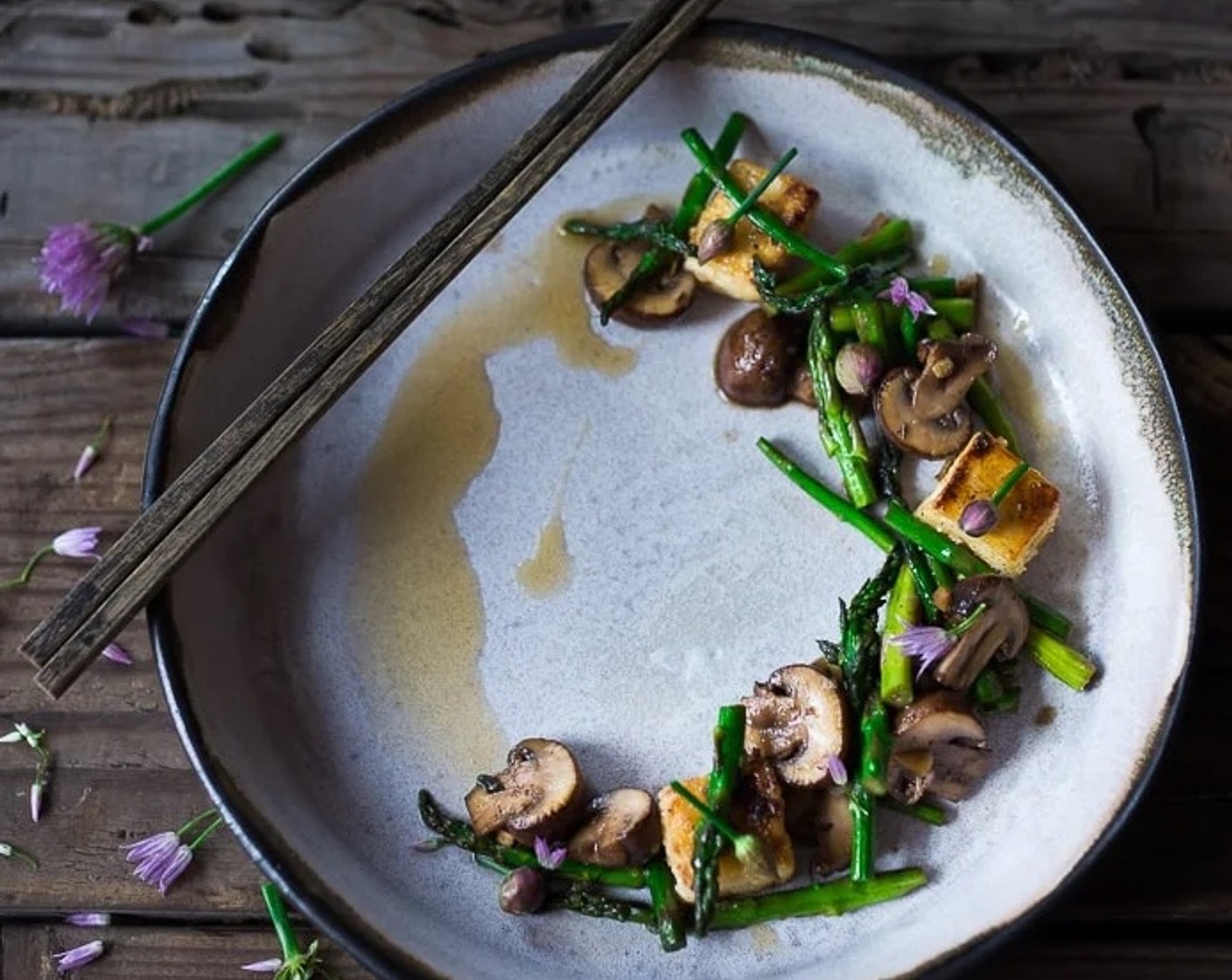 Wok Seared Asparagus and Mushrooms with Crispy Tofu