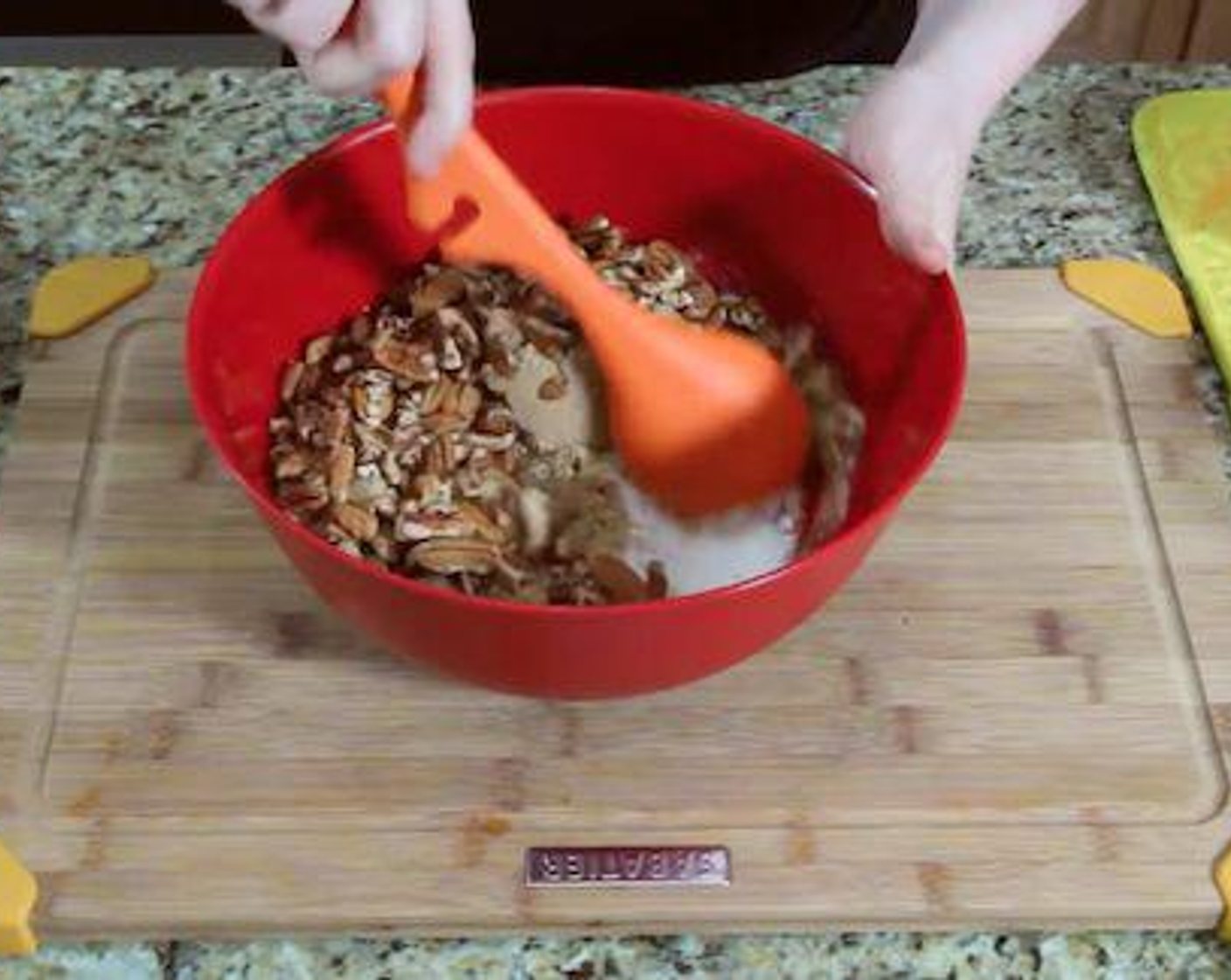 step 4 Mix Brown Sugar (1 1/2 cups), All-Purpose Flour (2/3 cup), Chopped Pecans (2 cups) and Butter (1 cup) in separate bowl and then sprinkle on top of sweet potatoes.