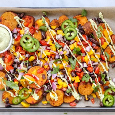 Vegan Sweet Potato Nachos with Avocado Crema Recipe | SideChef