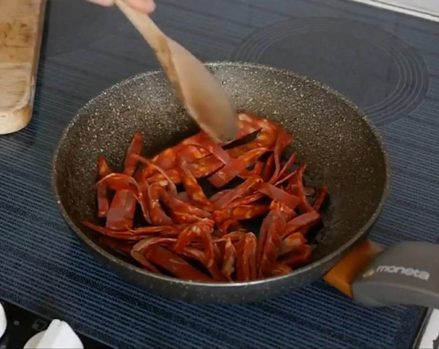 step 2 Once the chorizo is chopped add it to a hot pan with no fat and let it crisp up, this should take about 5 minutes. Once done put it on kitchen paper to absorb the extra fat.