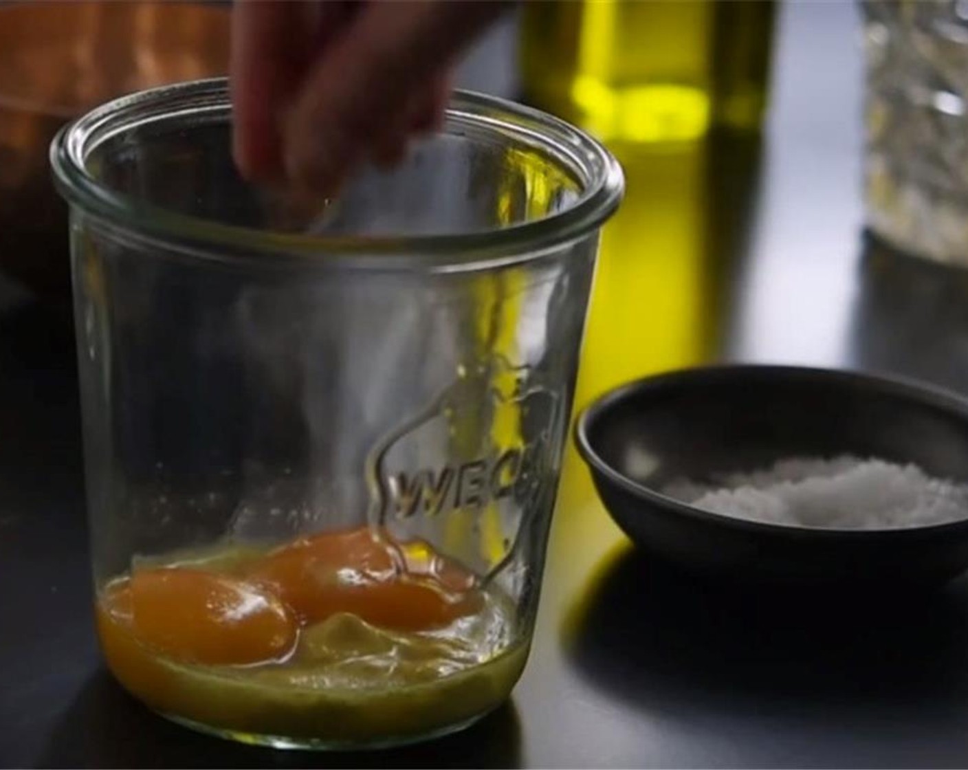 step 1 Combine Eggs (2), Dijon Mustard (1 tsp), White Wine Vinegar (1 Tbsp) and Sea Salt (to taste) in a small, deep bowl.