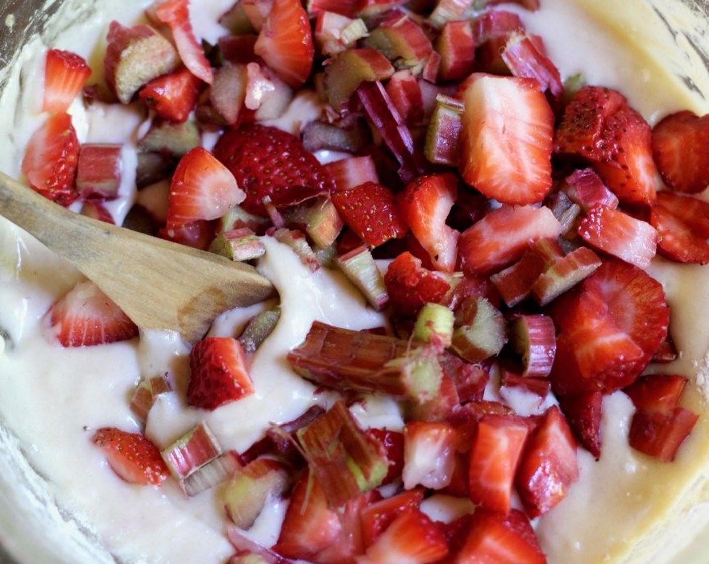 step 6 Mix in by hand the dry ingredients just until the batter comes together. Add the Fresh Strawberry (1 cup) and Rhubarb (1 cup).