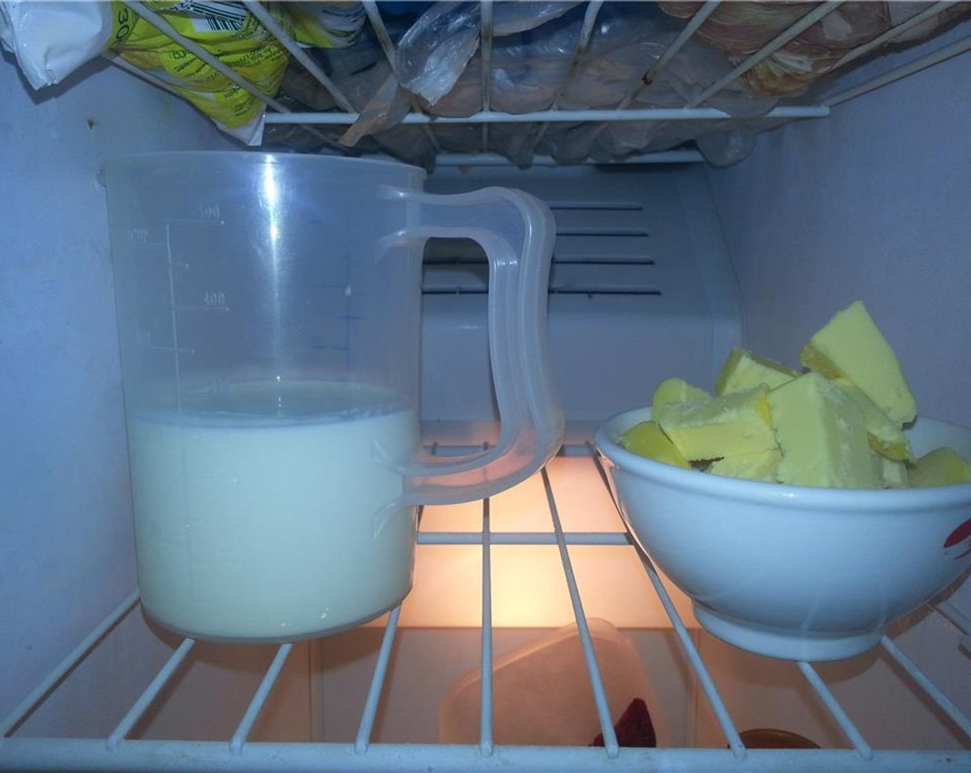 step 2 Place your Buttermilk (1 cup), Butter (2 Tbsp), and Vegetable Shortening (2 Tbsp) the freezer. You want them super chill. Good biscuits are similar to life, they are both only good if everything is as chill as possible throughout the process.