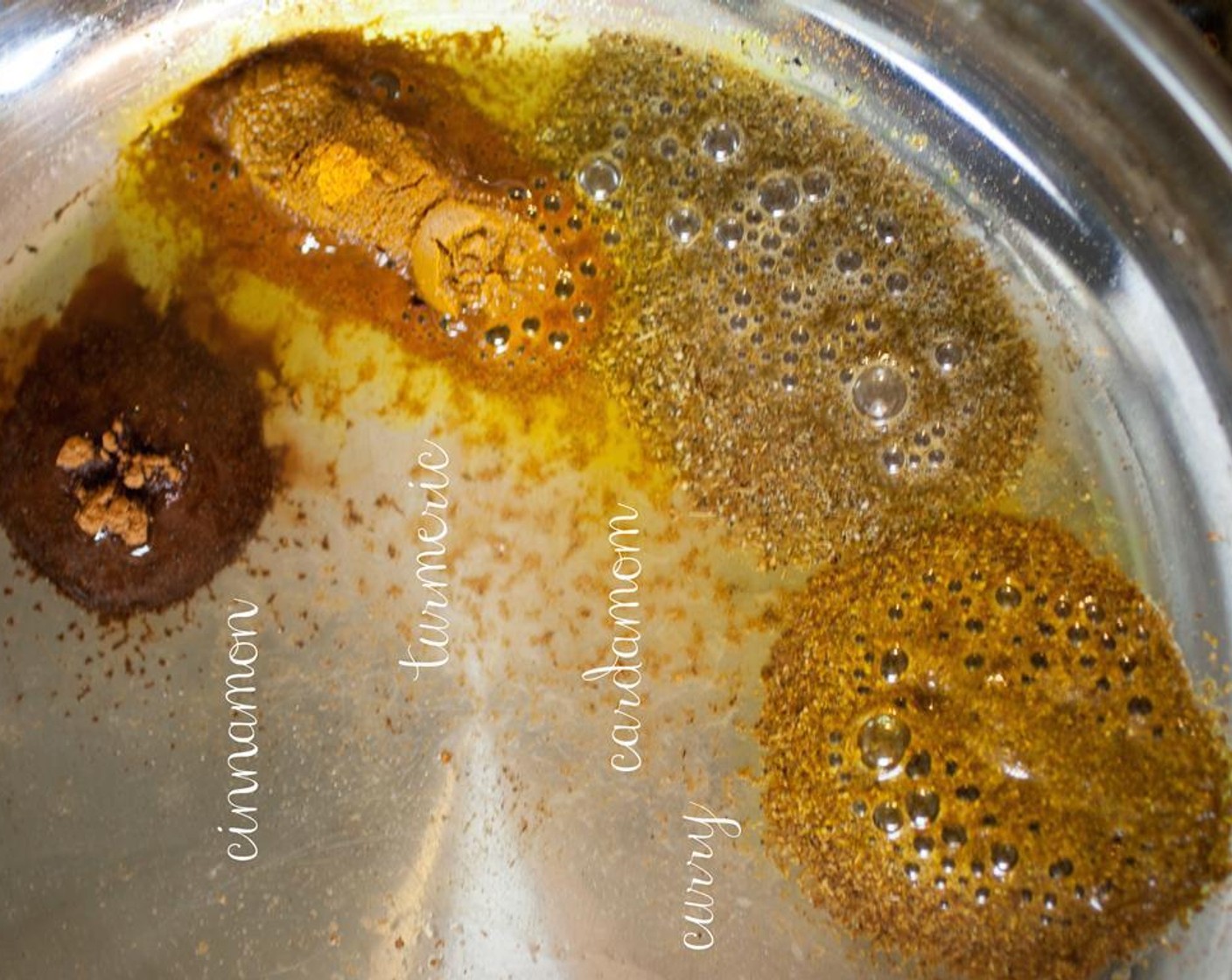 step 2 Meanwhile, heat Coconut Oil (1 Tbsp) over medium-low in a large saute pan. Add in the Ground Turmeric (1/2 tsp), Curry Powder (1/2 tsp), Ground Cardamom (1/2 tsp), Simply Organic Cinnamon, Ground (1/2 tsp), Crushed Red Pepper Flakes (to taste), and Ground Nutmeg (1 pinch).