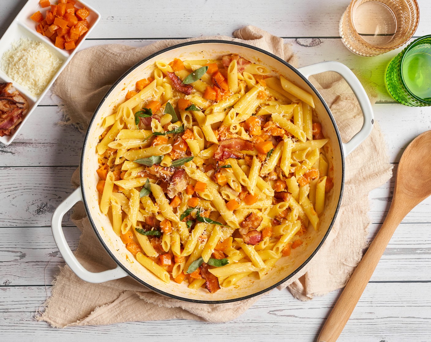 step 11 Season with Salt (to taste). Divide the butternut squash pasta into serving bowls and garnish with some more sage leaves and grated parmesan. Serve immediately and enjoy!