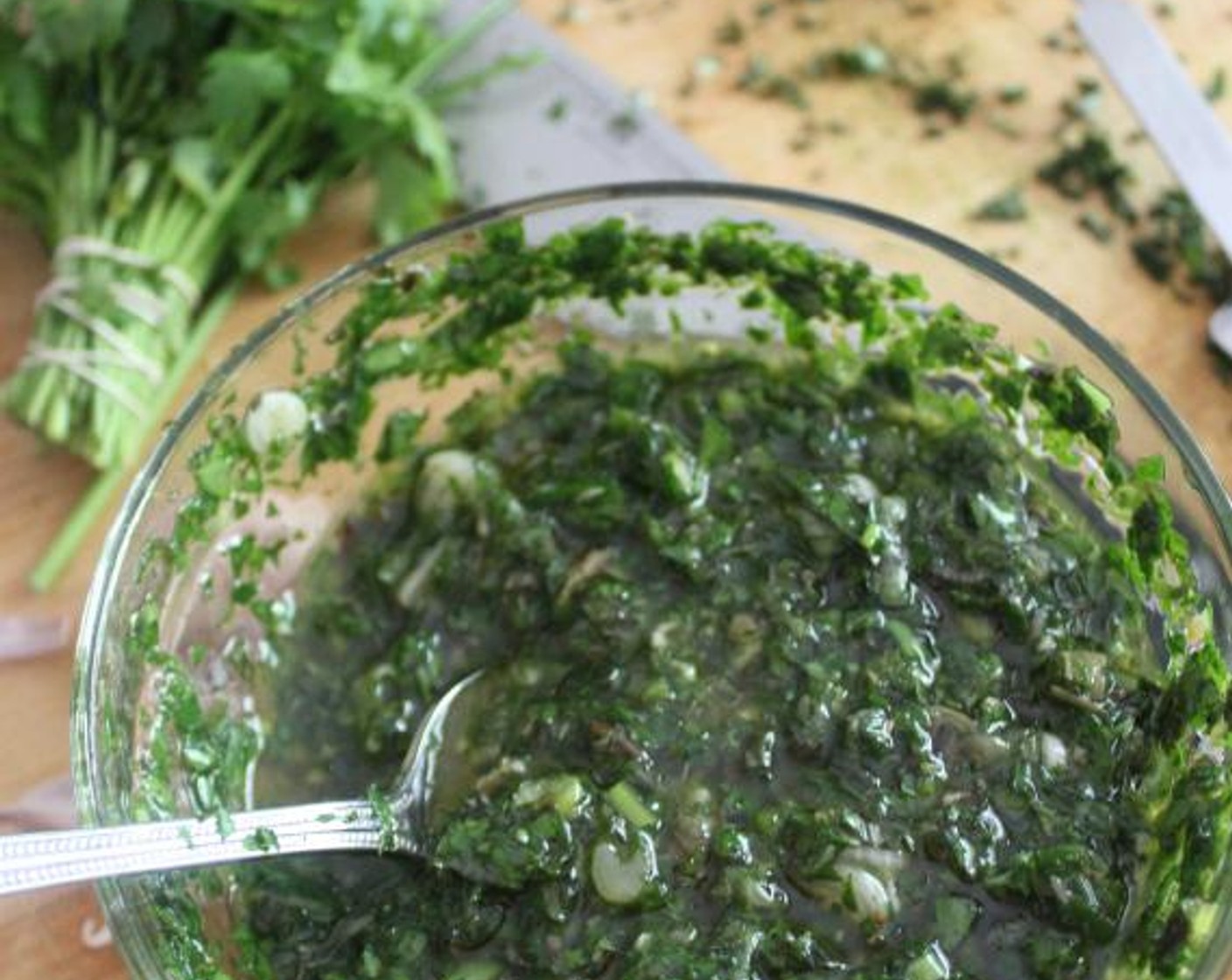 step 3 Add the Fresh Parsley (3/4 cup), Fresh Mint (1/2 cup), Garlic (1 clove), Capers (1 1/2 Tbsp), and Kosher Salt (1/2 tsp) and stir to combine. Add Olive Oil (1/2 cup) (1/2 cup plus 1 Tbsp). Mix well and set aside.