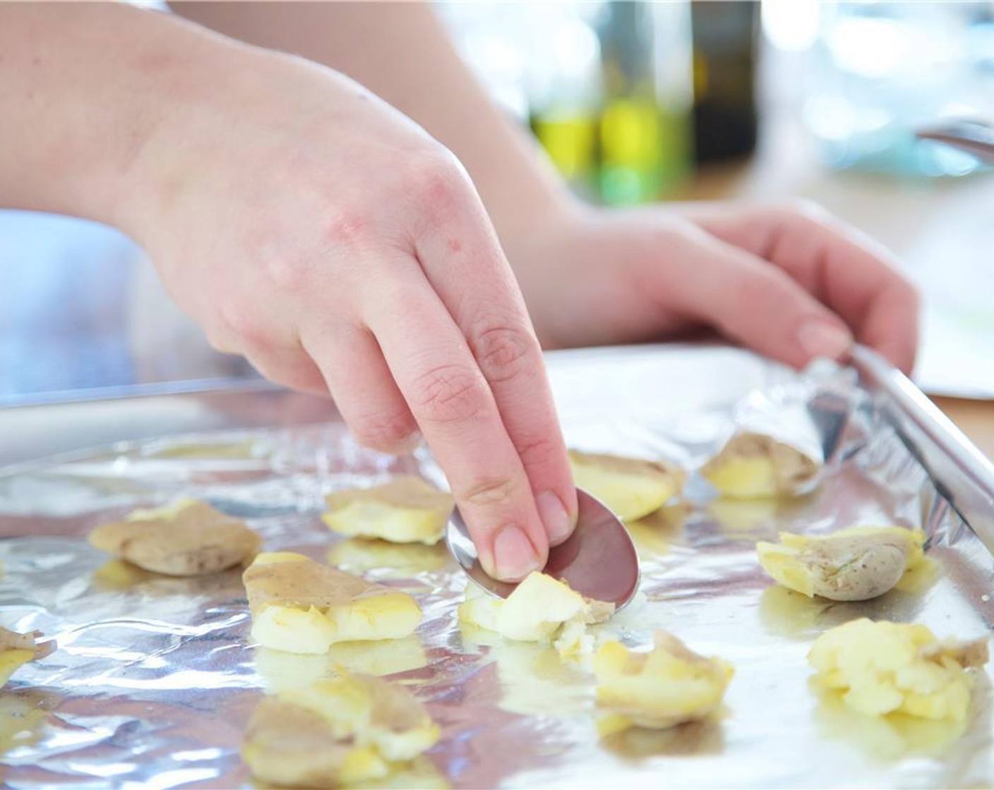step 3 Put Fingerling Potatoes (2 1/4 cups) in medium saucepot and fill with enough water to cover potatoes. Place pot over high heat and bring to a boil. Once the water boils, cook for 5 minutes. Drain potatoes. Spread onto the foil lined sheet pan.