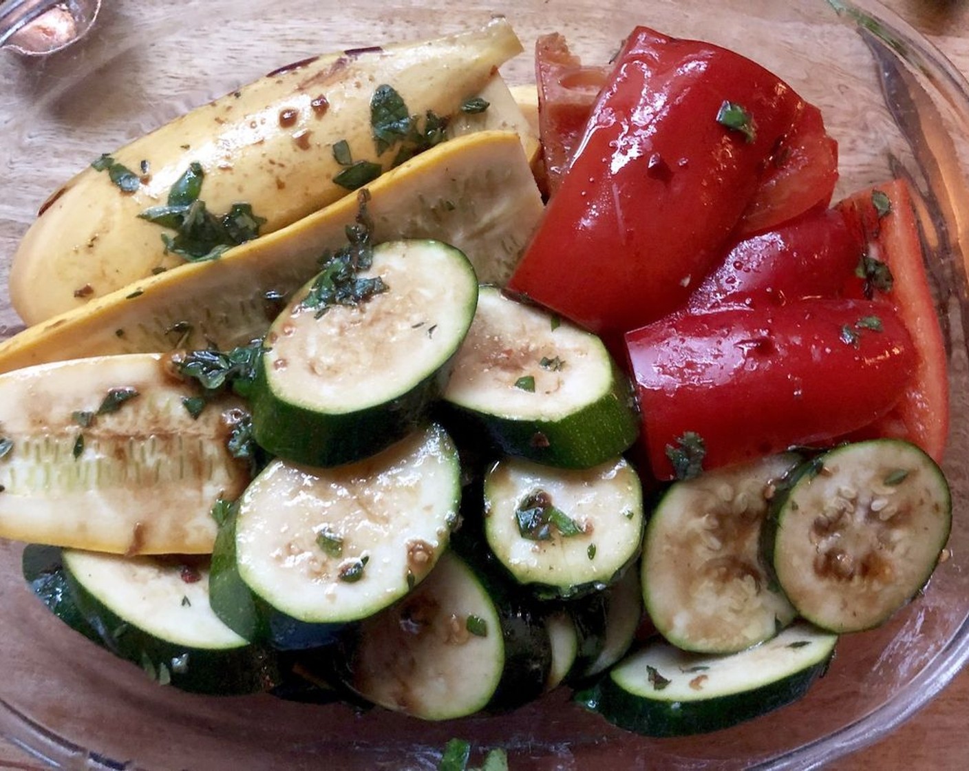 step 2 Add the Zucchini (2) and Red Bell Peppers (2) to a bowl. Toss with 3 tablespoons of the marinade mixture. Set aside to marinate for several hours or overnight in the fridge.