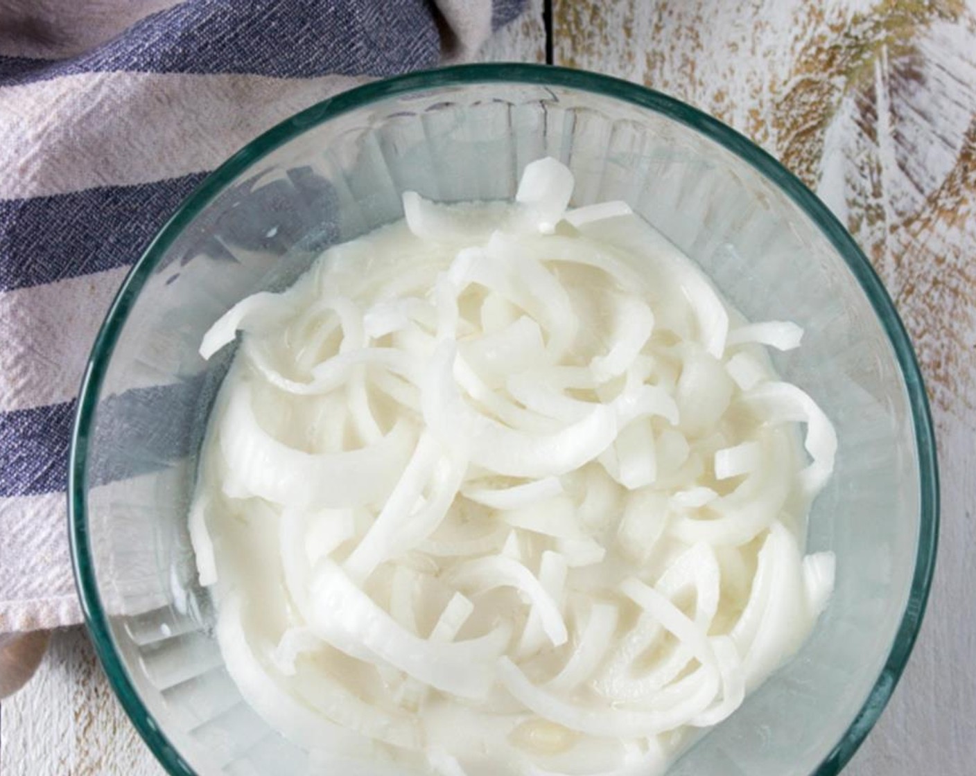 step 2 Slice Onion (1) and place in a bowl, cover with Milk (1 cup), soaking at least 5 minutes.