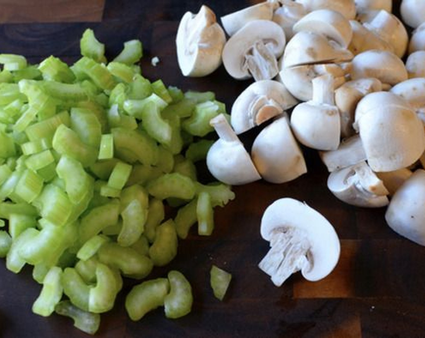 step 2 Slice your Celery (3 stalks) into small pieces and either half or quarter the Mushrooms (10).