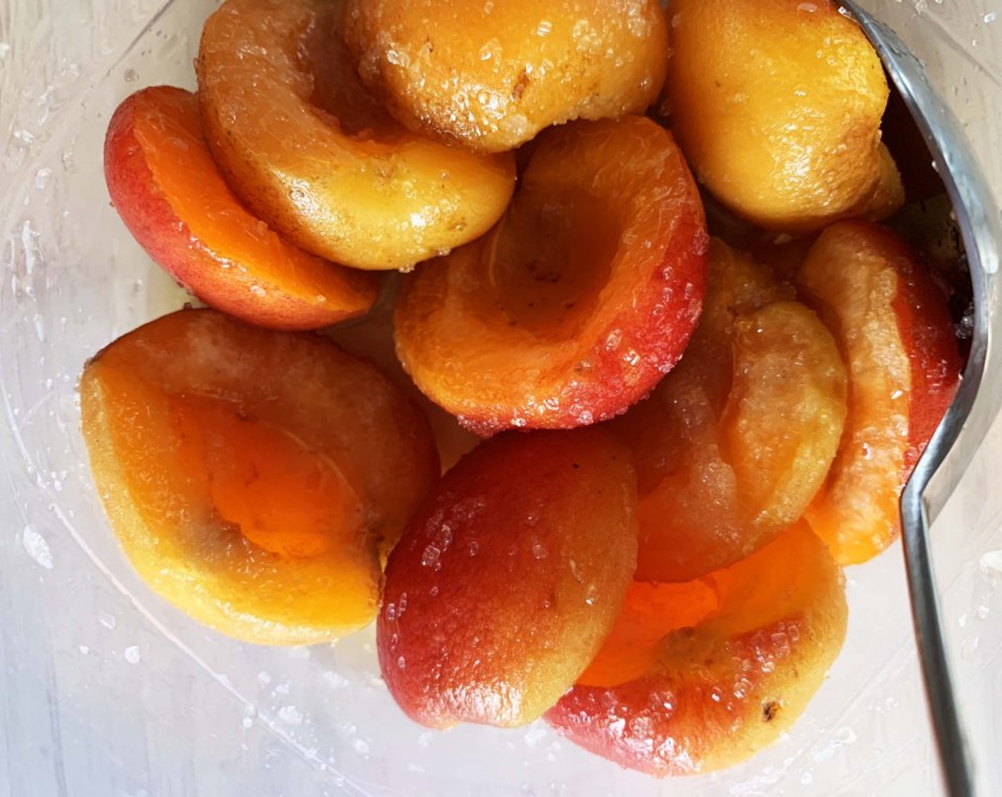 step 2 Cut Apricots (to taste) in half and dress them in the Passito Wine (2 Tbsp), Brown Sugar (1 Tbsp), and Lemon (1/2). Toss them around and let them marinate while you make the batter.