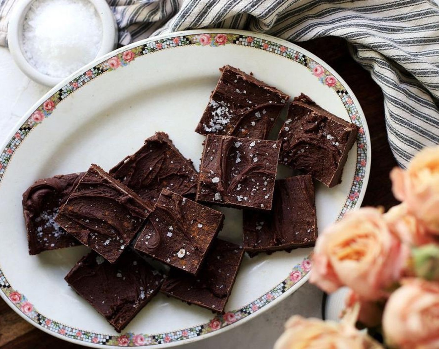 step 11 Sprinkle brownies with Sea Salt Flakes (to taste) and Simply Organic Cinnamon, Ground (to taste). Slide a warm knife around the outside edge of the brownies, then cut into small squares.