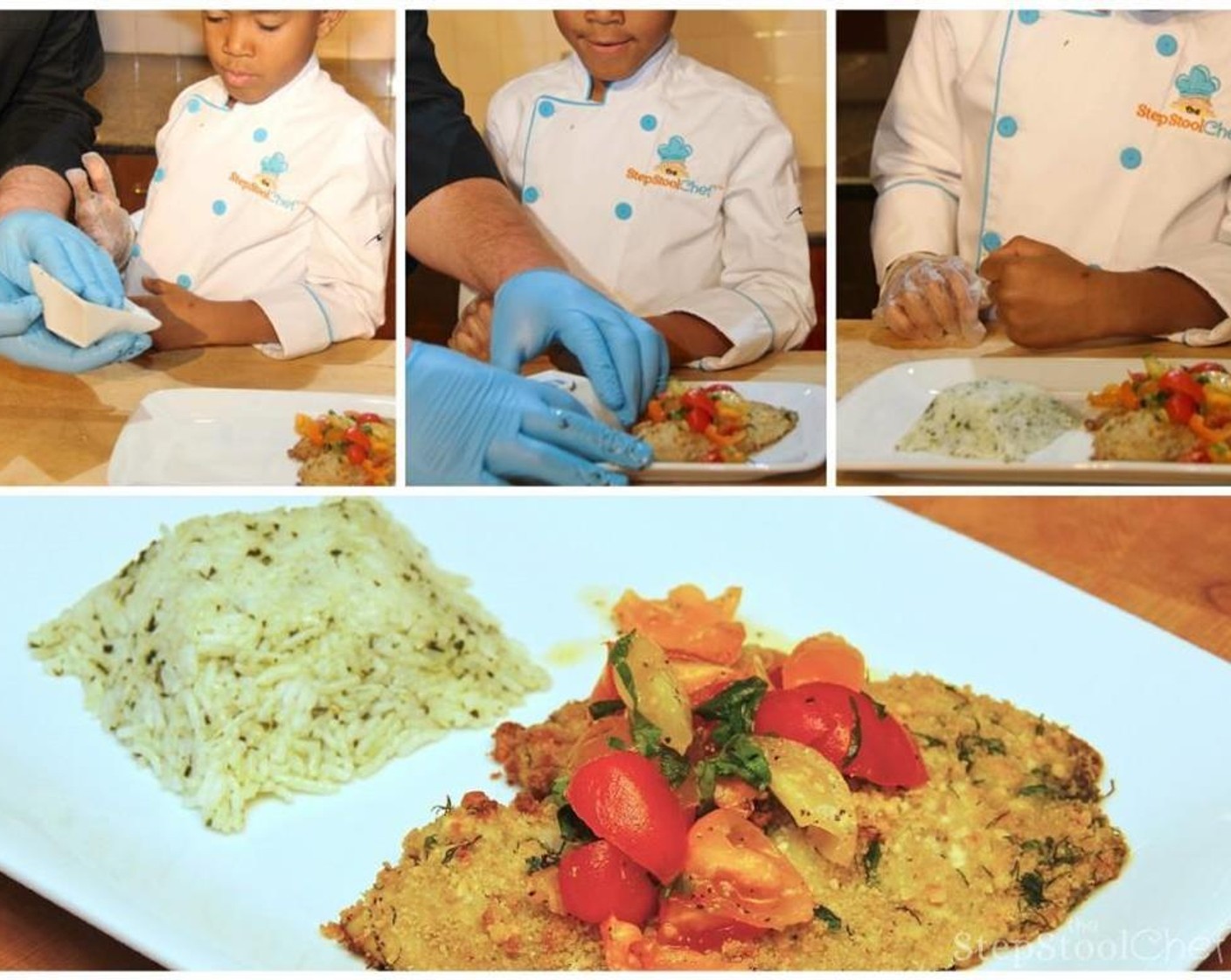 step 10 For the rice, tightly pack it in a small, fun shaped bowl.  Then turn the bowl upside down on the plate.  Once the bowl is removed, the rice will keep its shape.  For the fish, simply spoon the bruschetta topping over the tilapia. Enjoy!