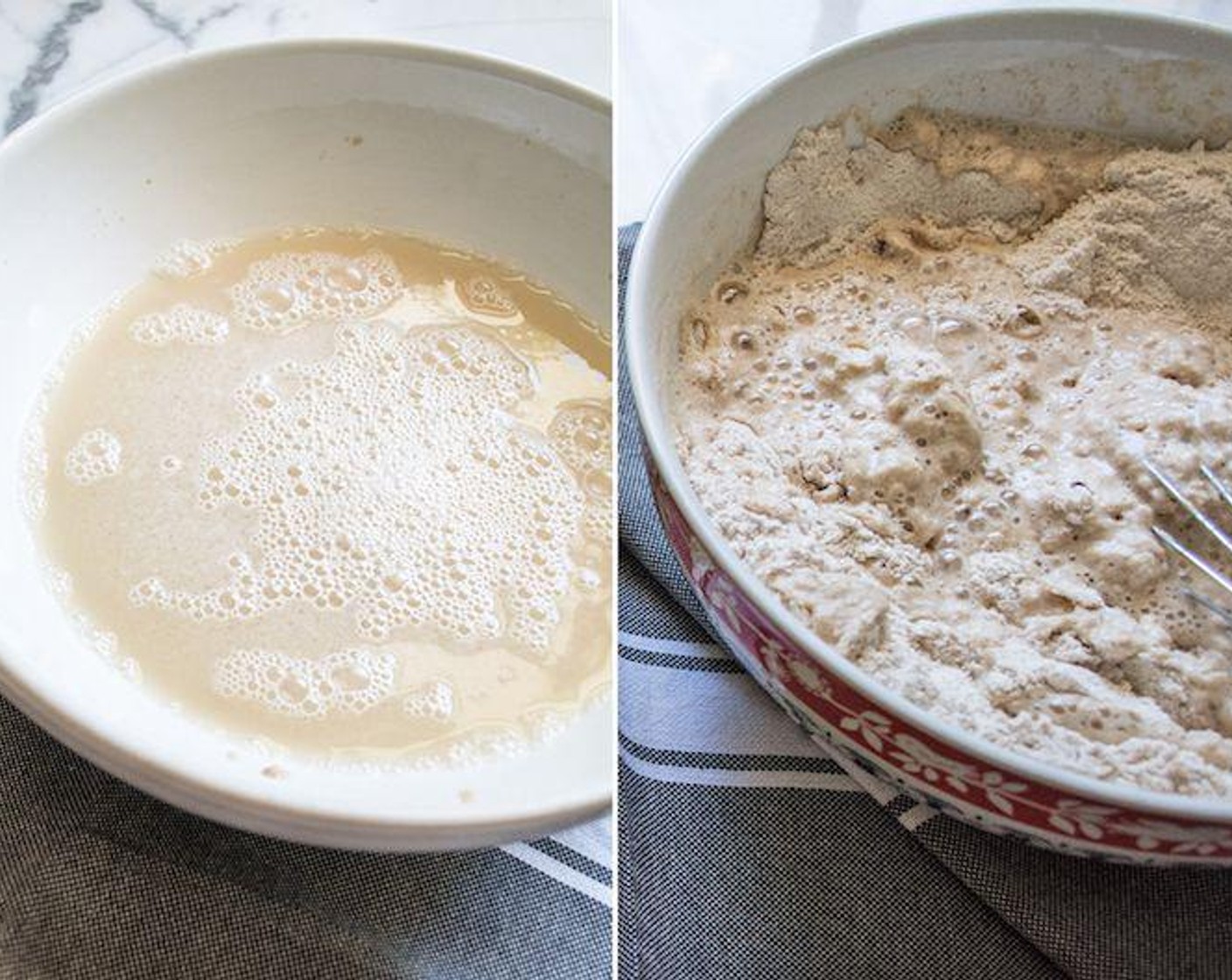 step 1 Add Water (1 1/2 cups), Rapid-Rise Yeast (1 1/2 Tbsp) and Raw Honey (1/2 Tbsp) to medium bowl. Whisk together until honey and yeast have fully dissolved, then let sit for 5 minutes or until foam forms on top.