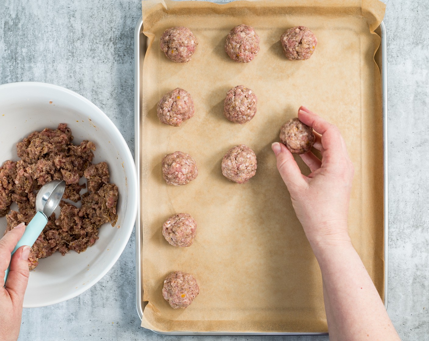 step 3 Place the meatballs onto the parchment-lined sheet pan and cook until they’re golden and cooked through; approximately 18 minutes.