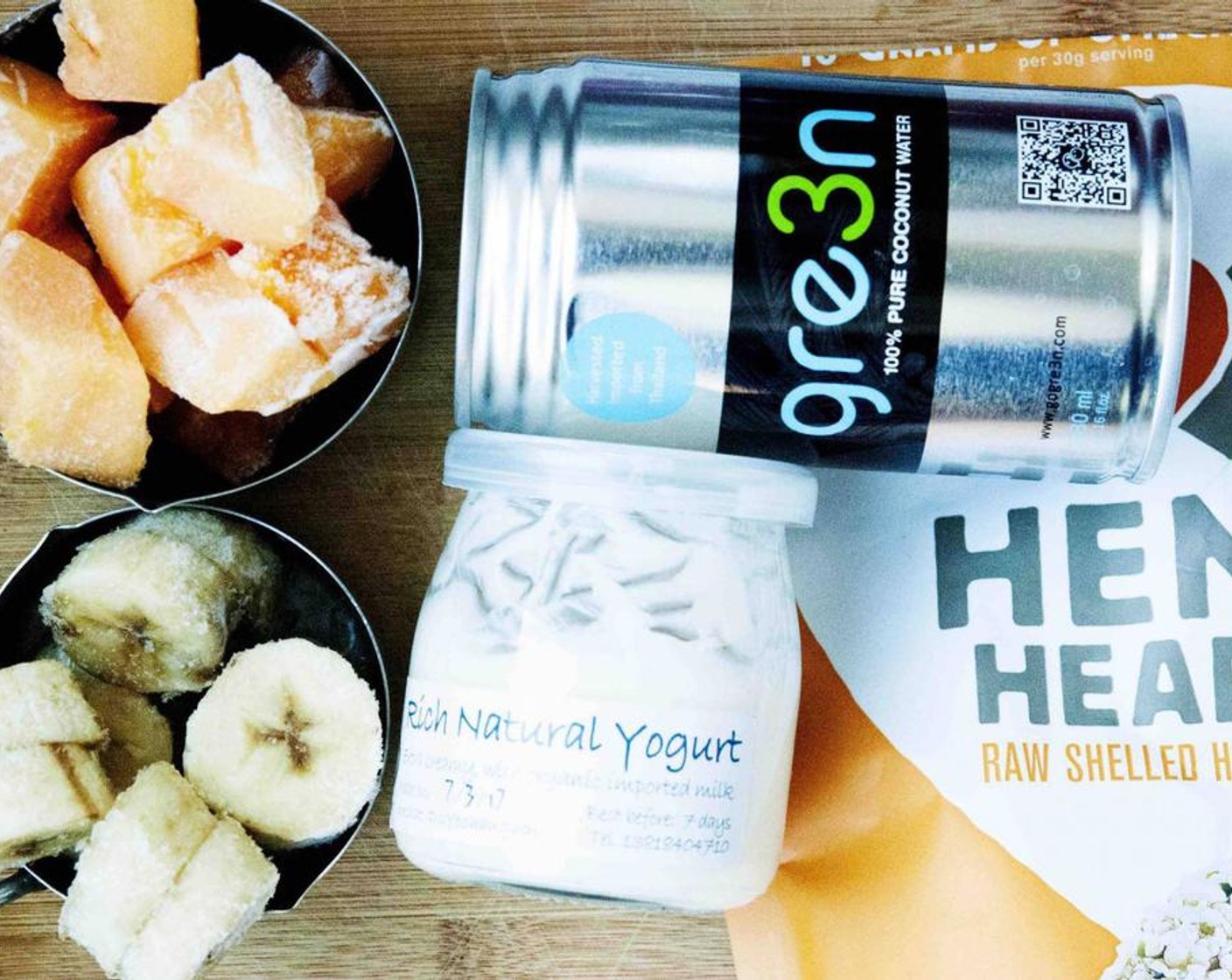 step 2 Place the Coconut Water (10 fl oz), Hemp Hearts (1 Tbsp), Yogurt (1/2 cup), papaya, banana, and Ice (1/2 cup) into a blender and process until smooth and creamy.