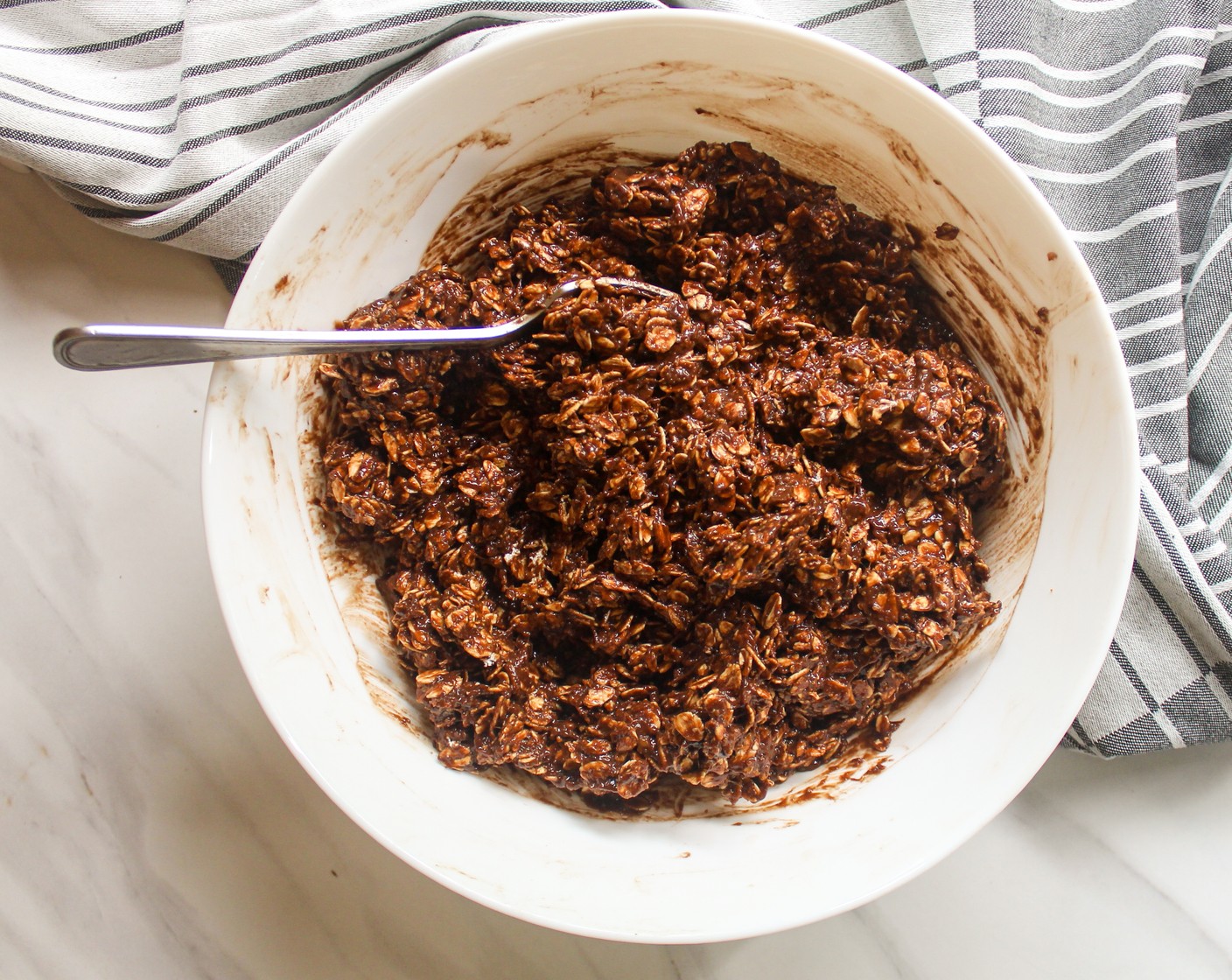 step 4 Add in the Old Fashioned Rolled Oats (3 cups), Salt (1 pinch) and Granulated Sugar (2 Tbsp) into the wet ingredients. Mix until the ingredients are well incorporated.