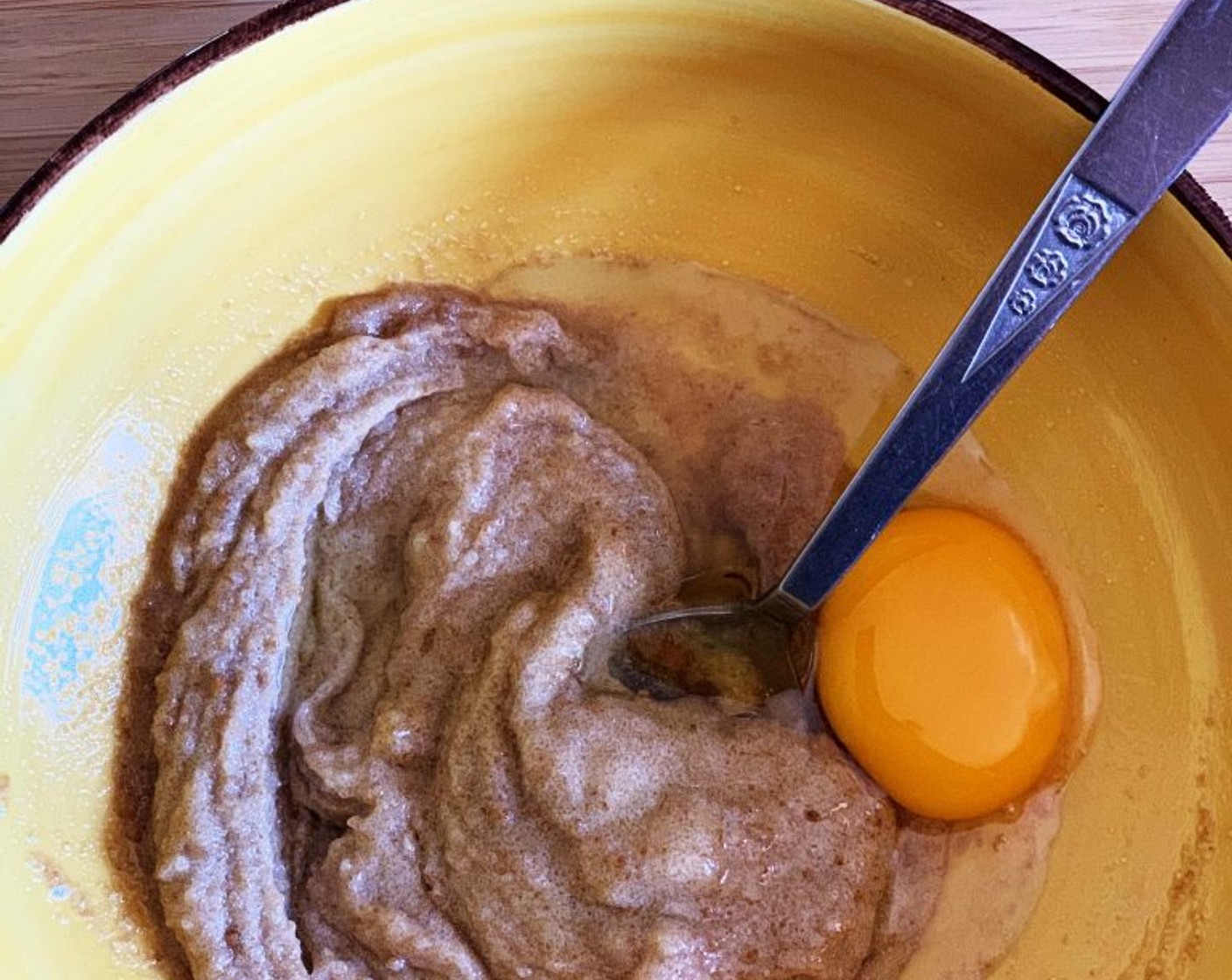 step 1 In a bowl cream together Granulated Sugar (1/4 cup), Brown Sugar (3 1/2 Tbsp), and Coconut Ghee (3.5 oz). Beat in the Egg (1) until completely absorbed.