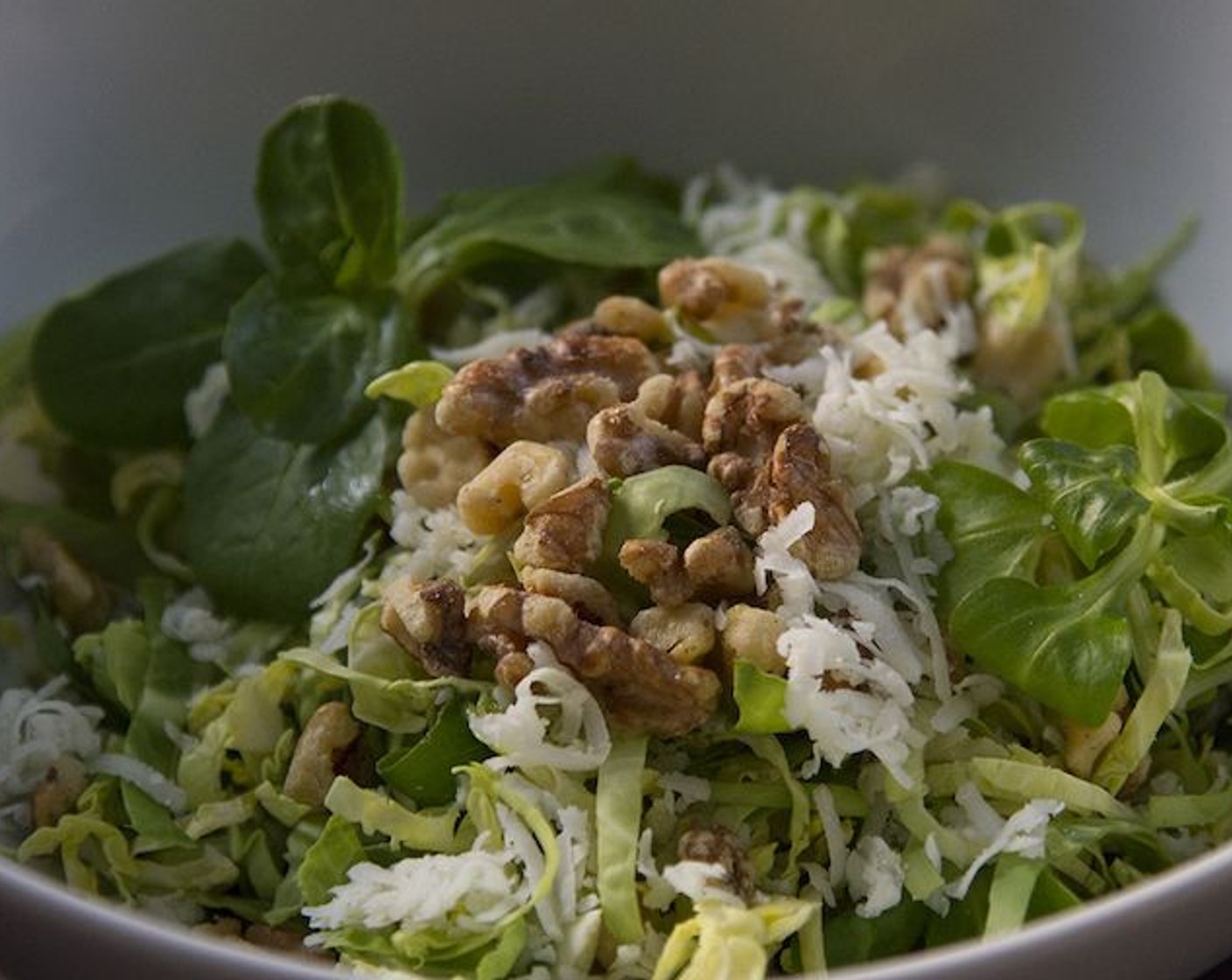 step 4 Combine sprouts, Mâche (1 1/2 cups), Iberico Cheese (3/4 cup) and walnuts in a large bowl. Gradually mix dressing into the salad, your clean hands work as the best kitchen tool for this task, and serve.