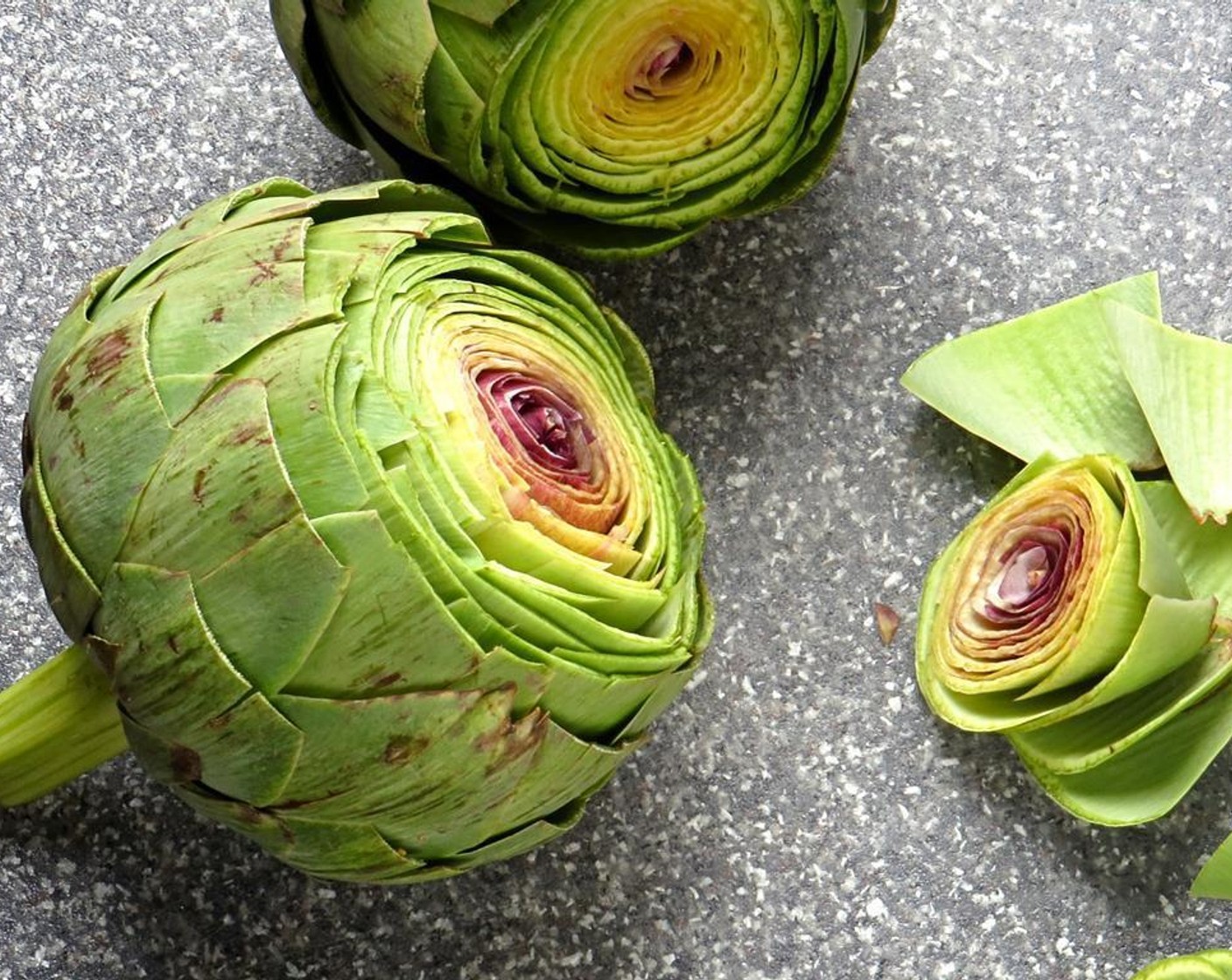 step 3 With a sharp knife cut off the top third of the artichoke and discard. Using a pair of kitchen sheers, work around the perimeter of the artichoke, trimming the top third of each of the the spiky petals.