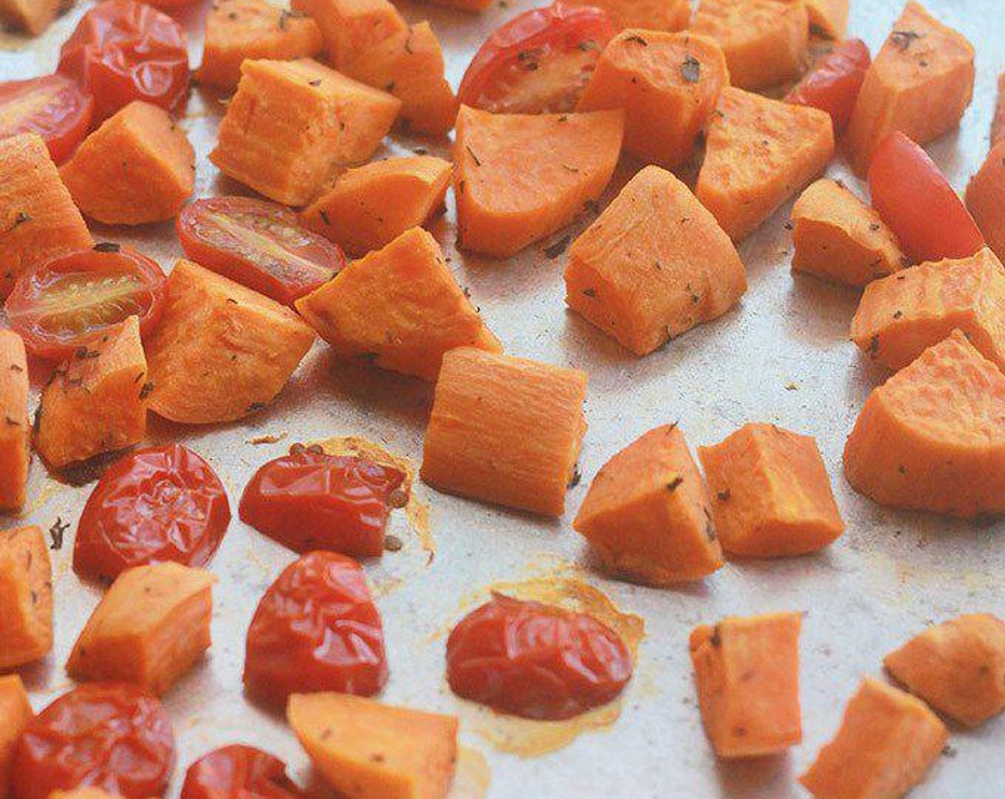 step 6 Place sweet potatoes on a shallow baking pan, drizzle with Olive Oil (as needed) and sprinkle with 1 teaspoon of the thyme and a pinch of salt and pepper, toss to coat.