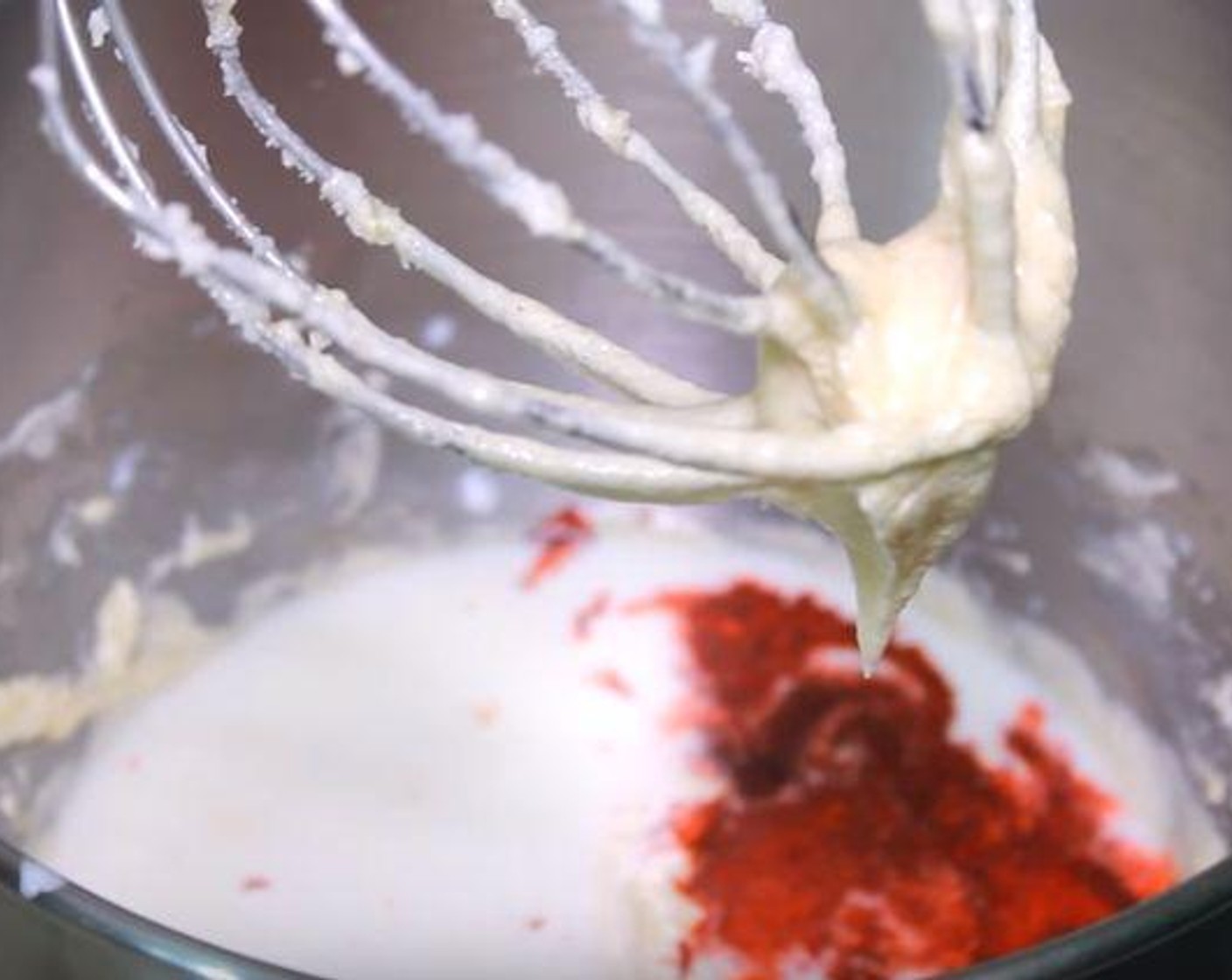 step 2 Add the Buttermilk (3/4 cup) and Red Food Coloring (2 Tbsp). Blend again.