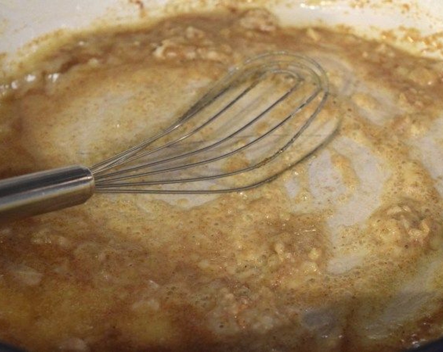 step 4 Then add All-Purpose Flour (4 Tbsp). Use a metal whisk to stir the butter/flour continuously for about 4 minutes until the mixture is nicely browned and has a nutty smell.