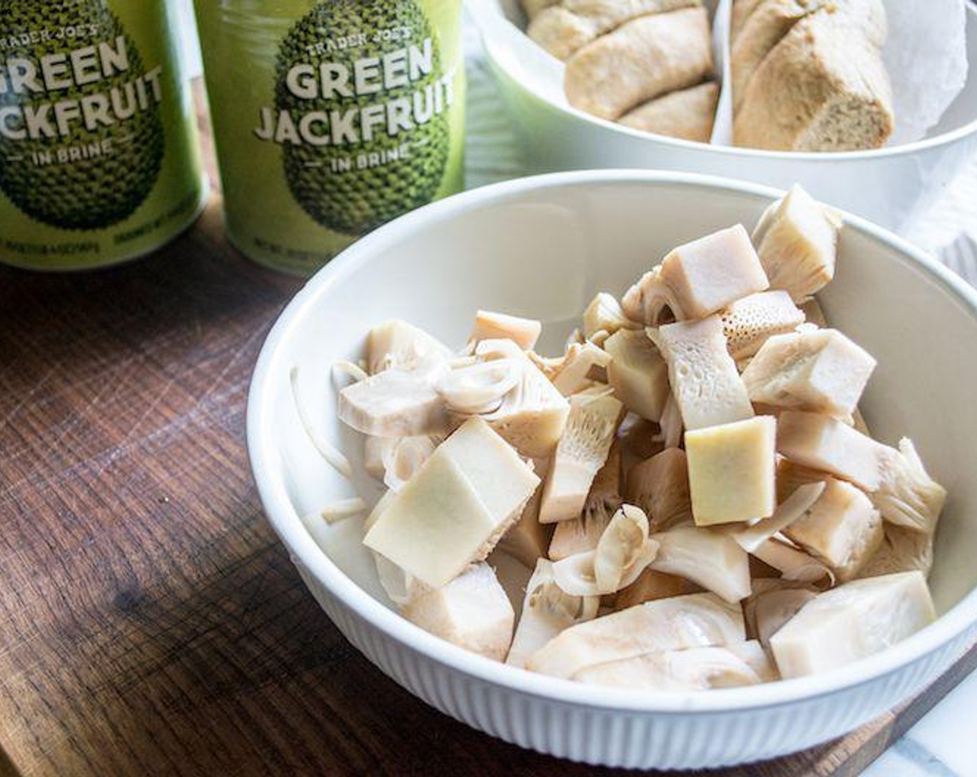 step 1 Rinse, drain and pat Young Green Jackfruit in Water (6 1/3 cups) dry, then cut off the center core of each piece and discard.