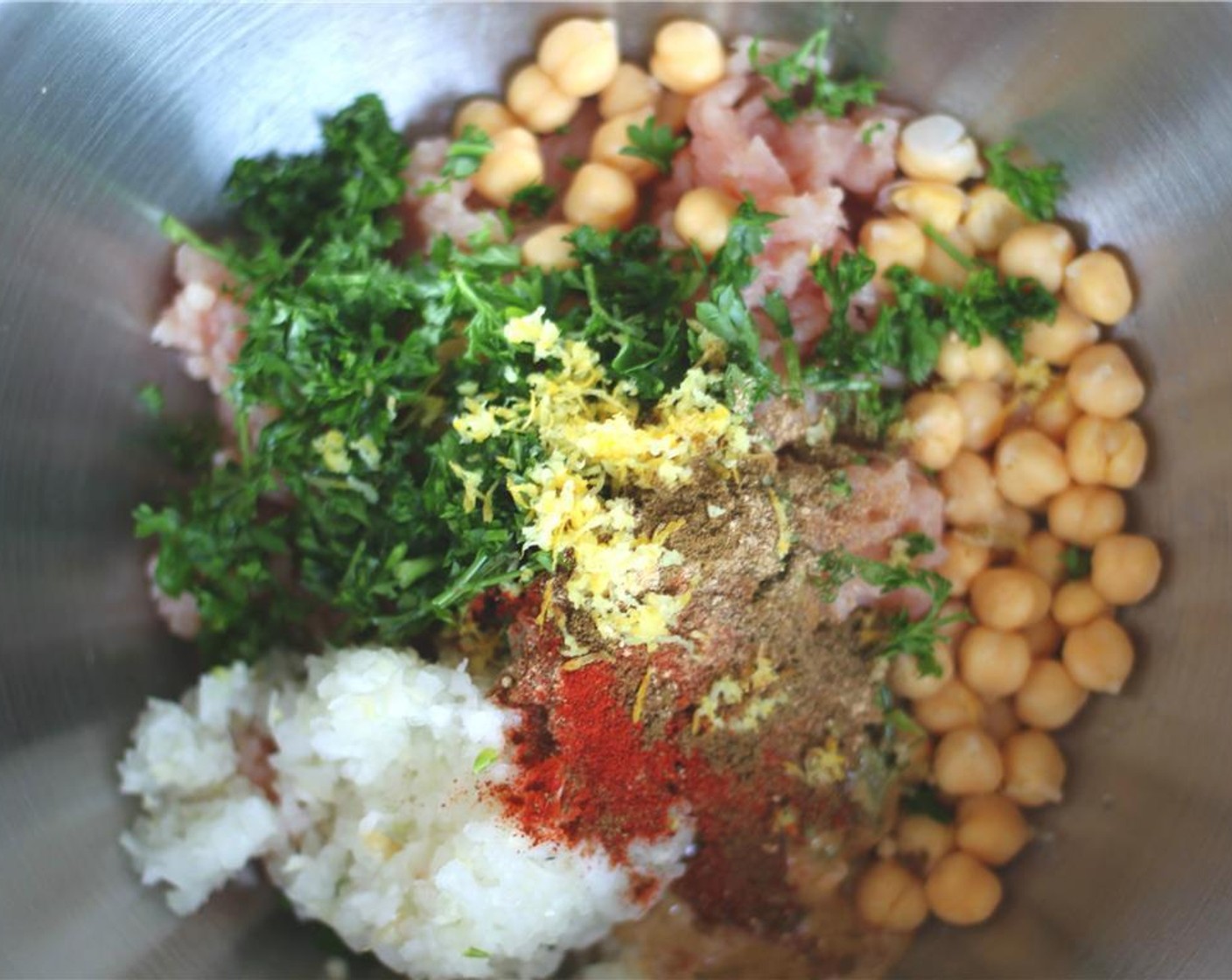 step 1 Mix together the Ground Turkey (1 lb), Canned Chickpeas (1 cup), {@13:}, {@10:}, Fresh Parsley (1/4 cup), {@11:}, Ground Cumin (1 tsp), Ground Coriander (1 tsp), Paprika (1/2 tsp), Ground Ginger (1/2 tsp), Cayenne Pepper (1/4 tsp), Ground Allspice (1/4 tsp), Ground Cinnamon (1/8 tsp), and zest from {@12:}.