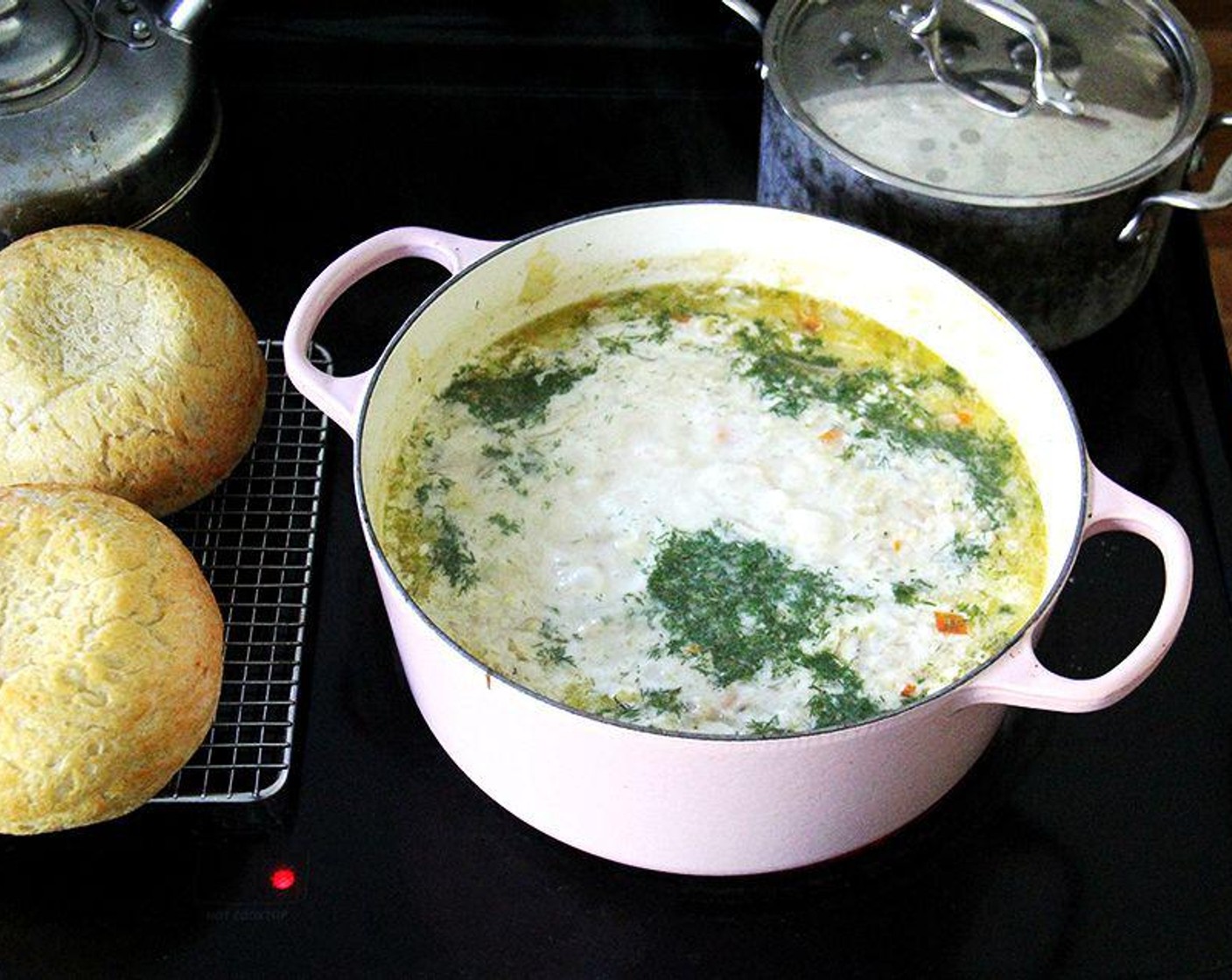 step 5 Stir in the Heavy Cream (1 cup) and simmer 5 minutes. Add the Fresh Dill (1/4 cup) to the pot. Taste and adjust as needed with more salt and pepper to taste.