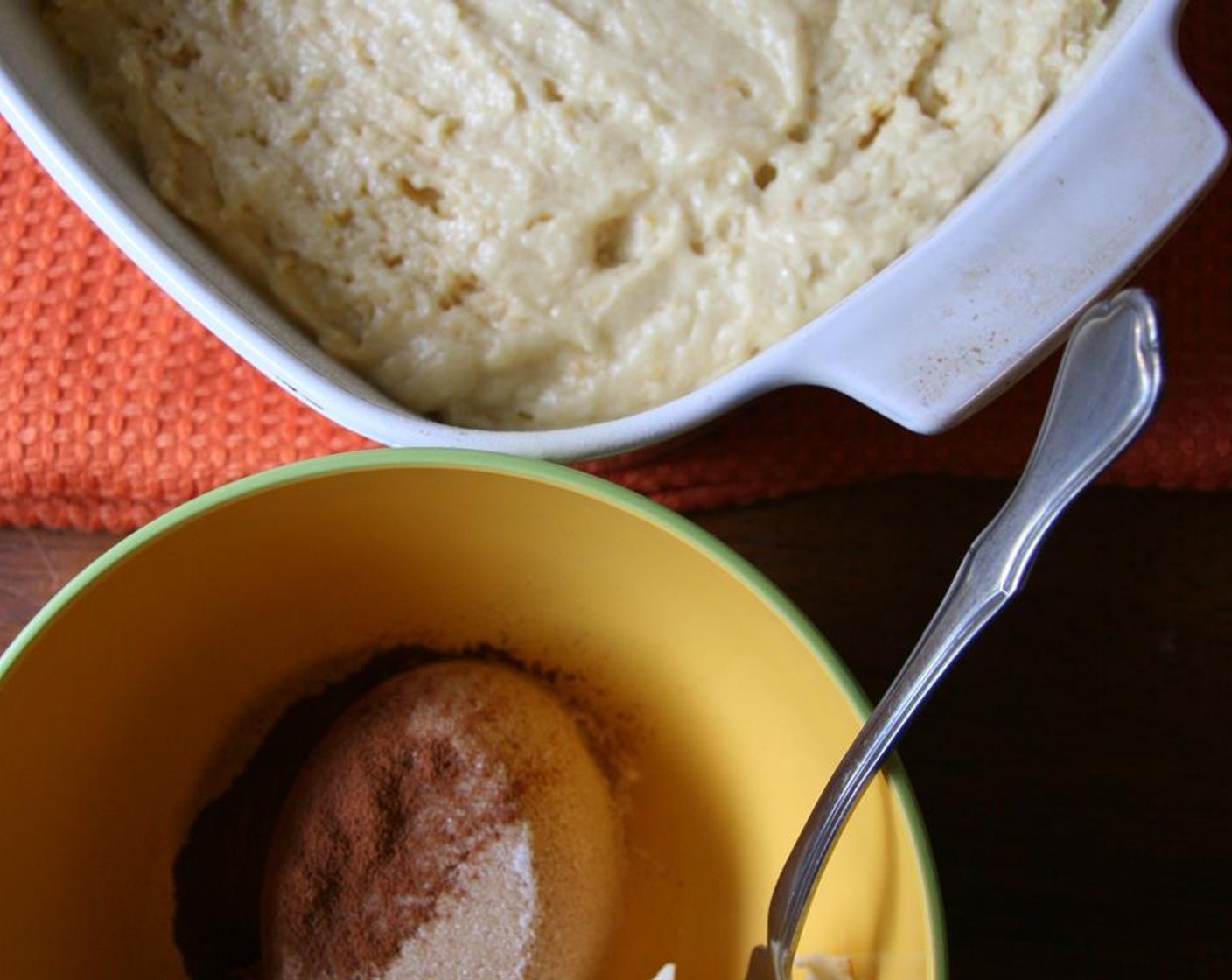 step 4 Make the topping by combining the remaining 2 tsp of Orange Zest and Unsalted Butter (2 Tbsp), Ground Cinnamon (1 tsp) and Brown Sugar (1/2 cup).