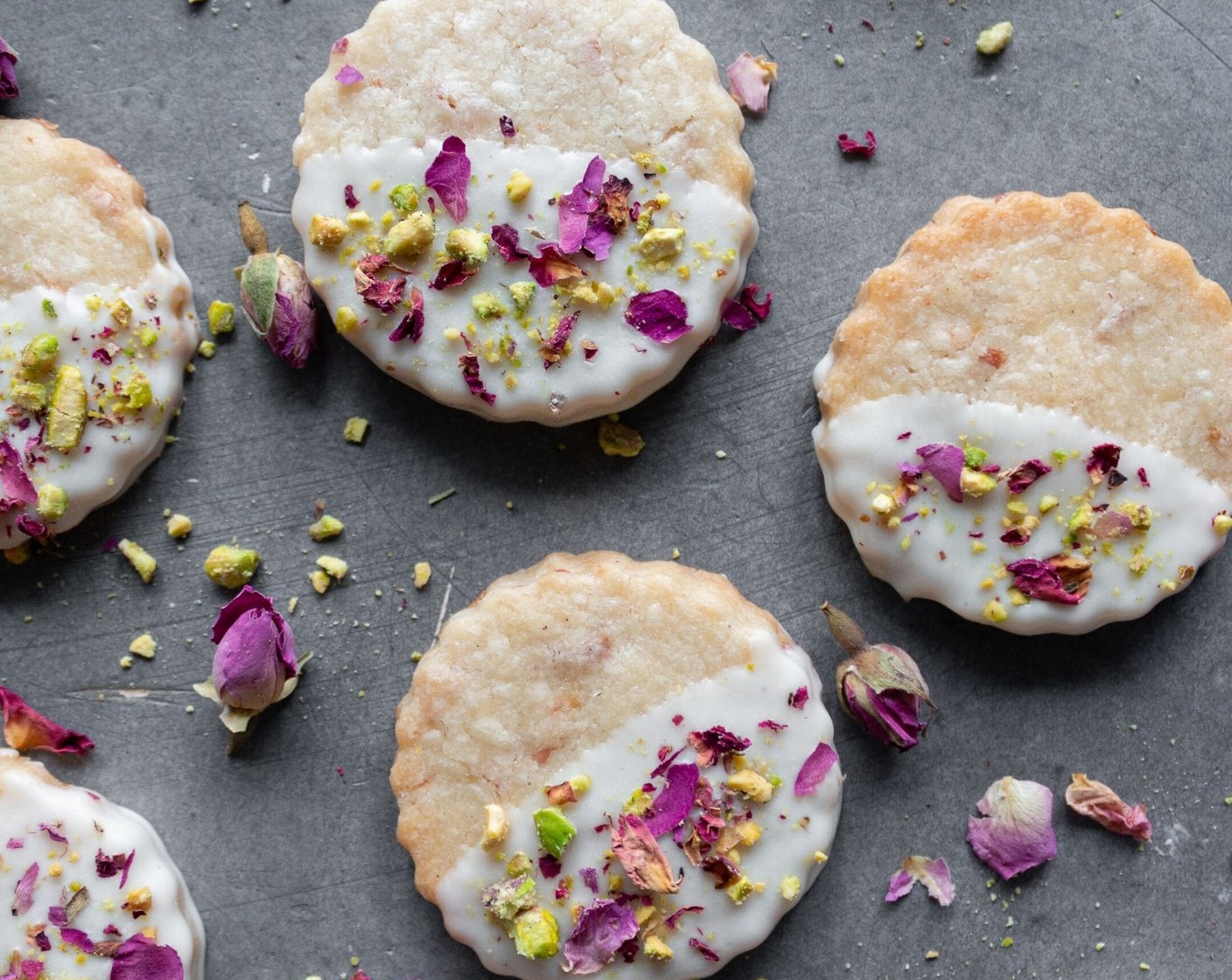 step 8 Sprinkle each cookie with Pistachios (1 Tbsp) and Edible Dried Rose Petals (1 Tbsp). Freeze for 10 minutes and then store in an airtight container for up to one week.