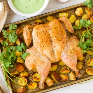 Spatchcocked Roast Chicken and Potatoes with Cilantro Yogurt Sauce Recipe | SideChef
