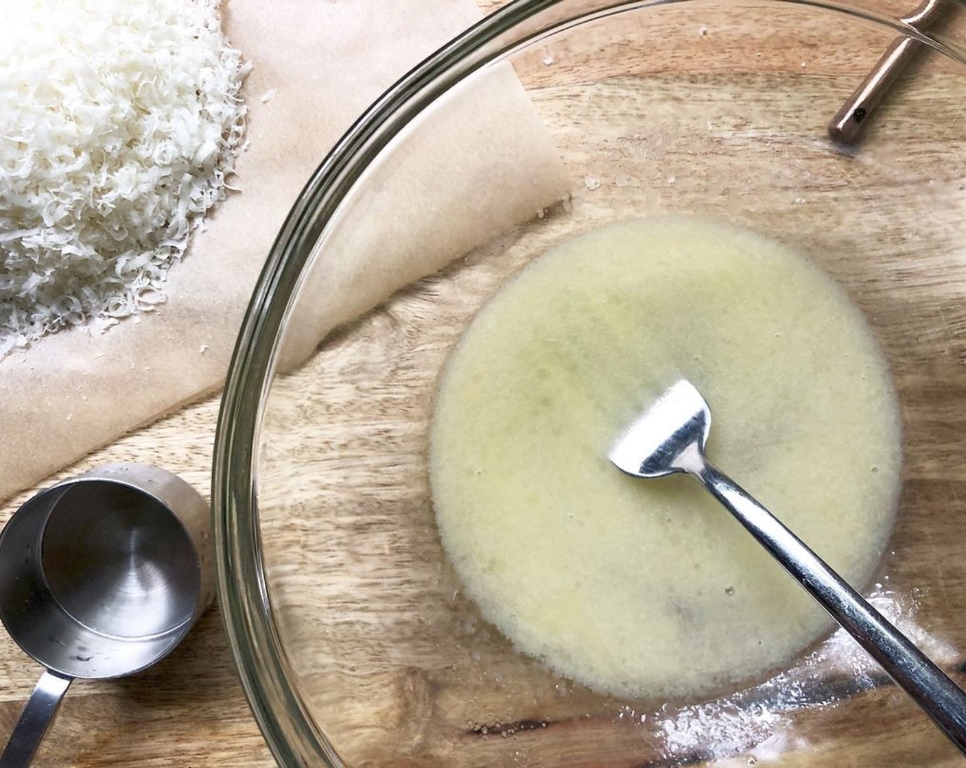 step 2 In a large bowl, use a fork to mix together the Water (1/4 cup) with the Unsalted Butter (2 Tbsp) and Fine Sea Salt (1/4 tsp) until combined.