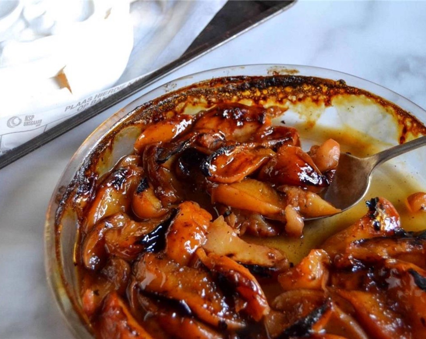 step 9 Pour the mixture into an oven-proof dish and place under a preheated grill until the peaches are syrupy and and soft. Allow to reach room temperature.