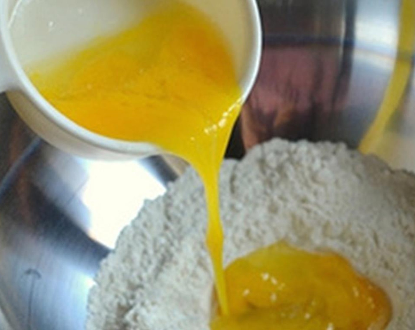 step 1 In a bowl, mix Salt (1/2 tsp) and All-Purpose Flour (2 1/2 cups). Make a little well in the centre. Beat the Eggs (3) and Olive Oil (1 tsp)  together and slowly pour them into the well.