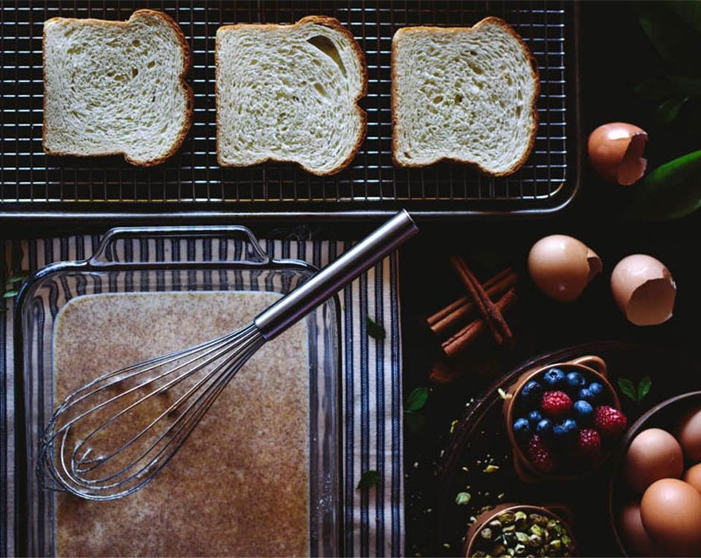 step 6 Soak 1 slice at a time into the milk mixture – 20 seconds long on each side for each slice. It should be wet, not falling apart. Let the excess milk mixture drip off. Place it on a baking sheet lined with parchment paper. Repeat the same process with the rest of the slices.