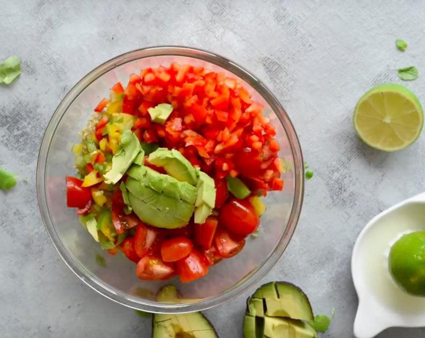 step 1 In a large bowl, mix Quinoa (1 cup), Bell Pepper (1 cup), Roma Tomato (1 cup), Avocados (2), and Fresh Mint (1 tsp).