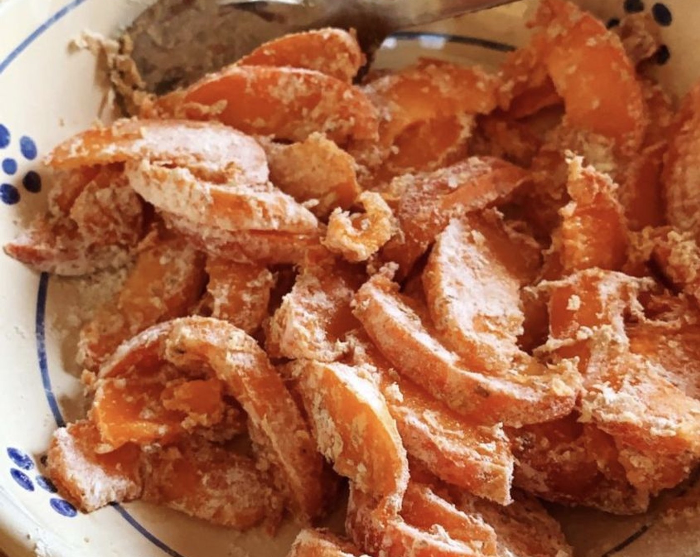 step 4 Slice up some Apricots (to taste) and lightly dust them in additional flour. Gently fold them into the batter.