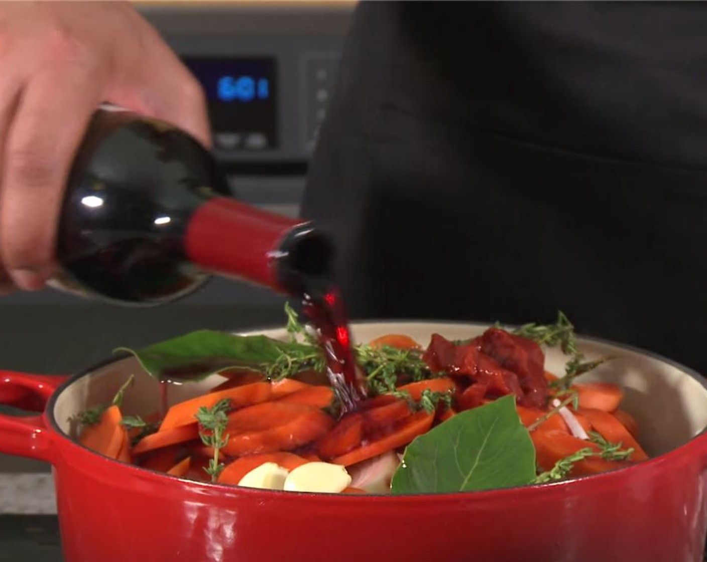 step 6 Add Beef Broth (2 cups) and Dry Red Wine (2 cups). Bring to a boil with the lid on. Turn the heat off, place pot in the preheated oven for 2 1/2 hours. Turn the meat twice during this time.