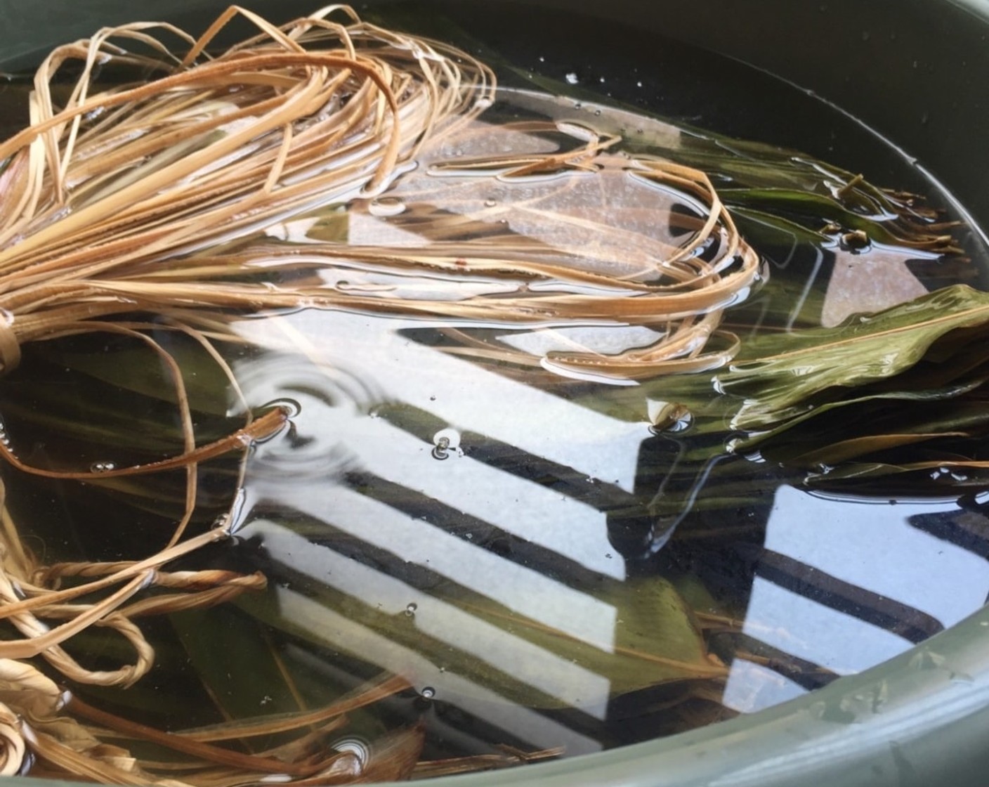 step 29 Gently place the cleaned bamboo leaves and grass strings in a large container of cold water. Leave the bamboo leaves to soak in the cold water overnight. And we're ready to wrap the dumplings!