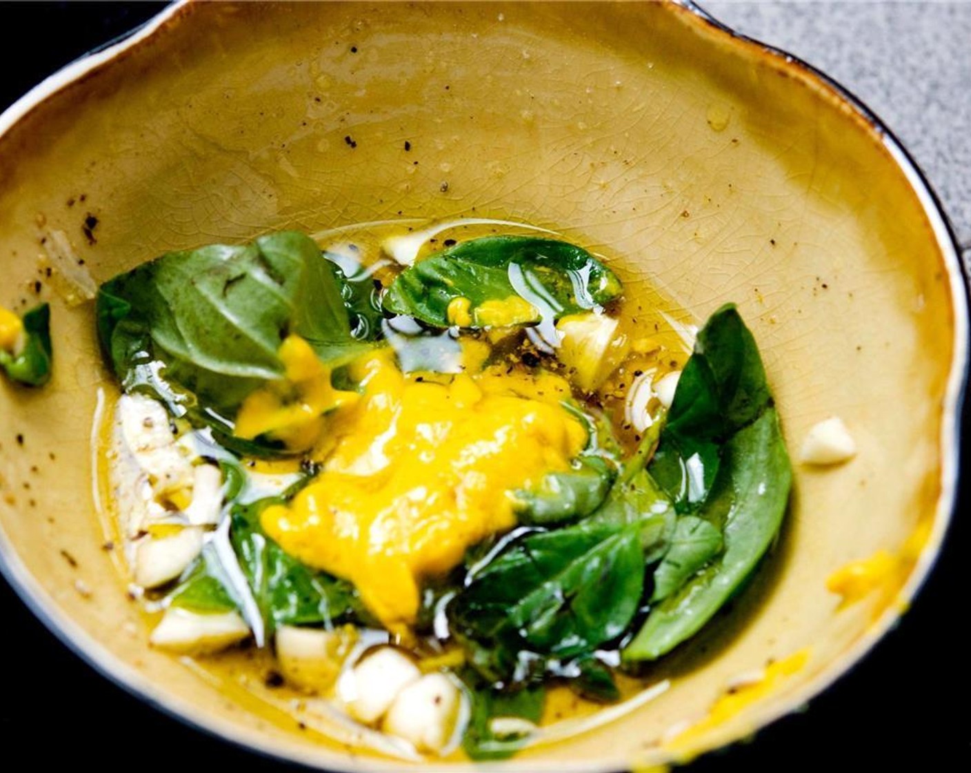 step 10 Combine the Garlic (1 clove), Yellow Mustard (1 tsp), White Wine Vinegar (2 tsp), Olive Oil (1/3 cup), Fresh Basil Leaves (4 Tbsp), Italian Seasoning (1 tsp), salt and pepper.