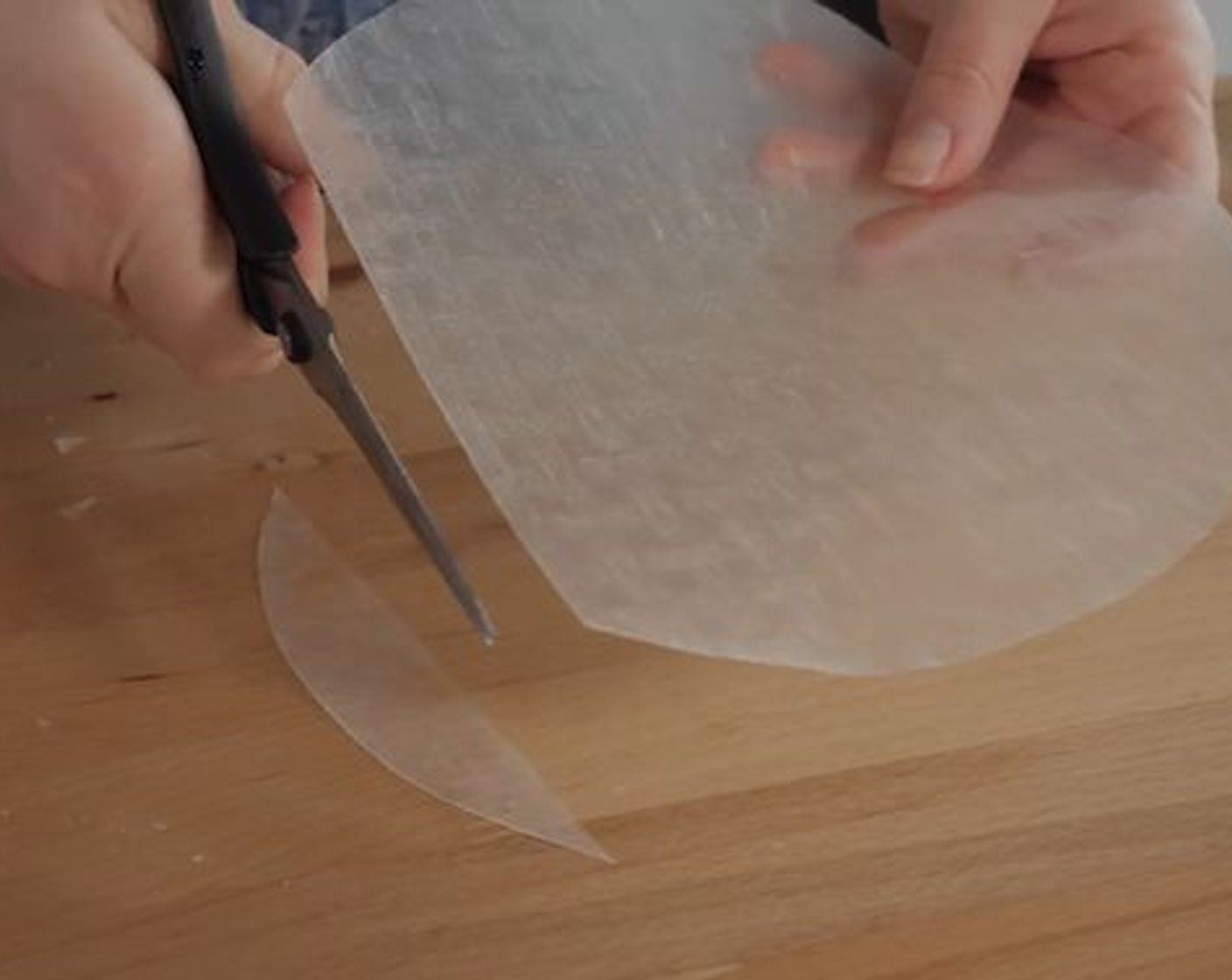 step 1 One at a time, dip the Rice Paper Wrappers (8 pieces) into a bowl of water for just a moment to soften it slightly. Then with a pair of sharp scissors but the rice paper into strips as thick as the average slice of bacon. This will soften the rice paper slightly and make it easier to cut without much fallout.