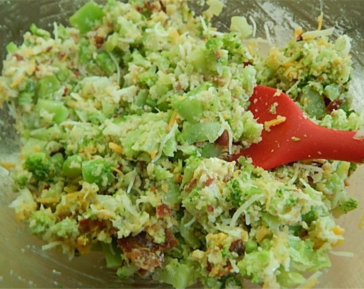 step 3 Crumble up your cooked bacon slices. Mix them with cooked broccoli, Panko Breadcrumbs (1/2 cup), Cake Flour (2 Tbsp), Light Shredded Cheese Blend (2/3 cup) and Parmesan Cheese (2 Tbsp) in a bowl.