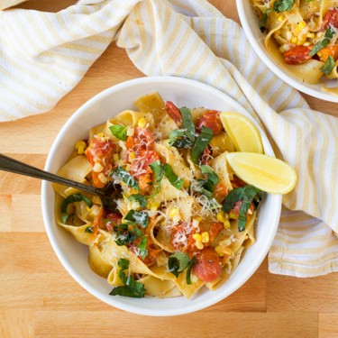 Tagliatelle with Blistered Cherry Tomatoes, Corn, and Basil Recipe | SideChef