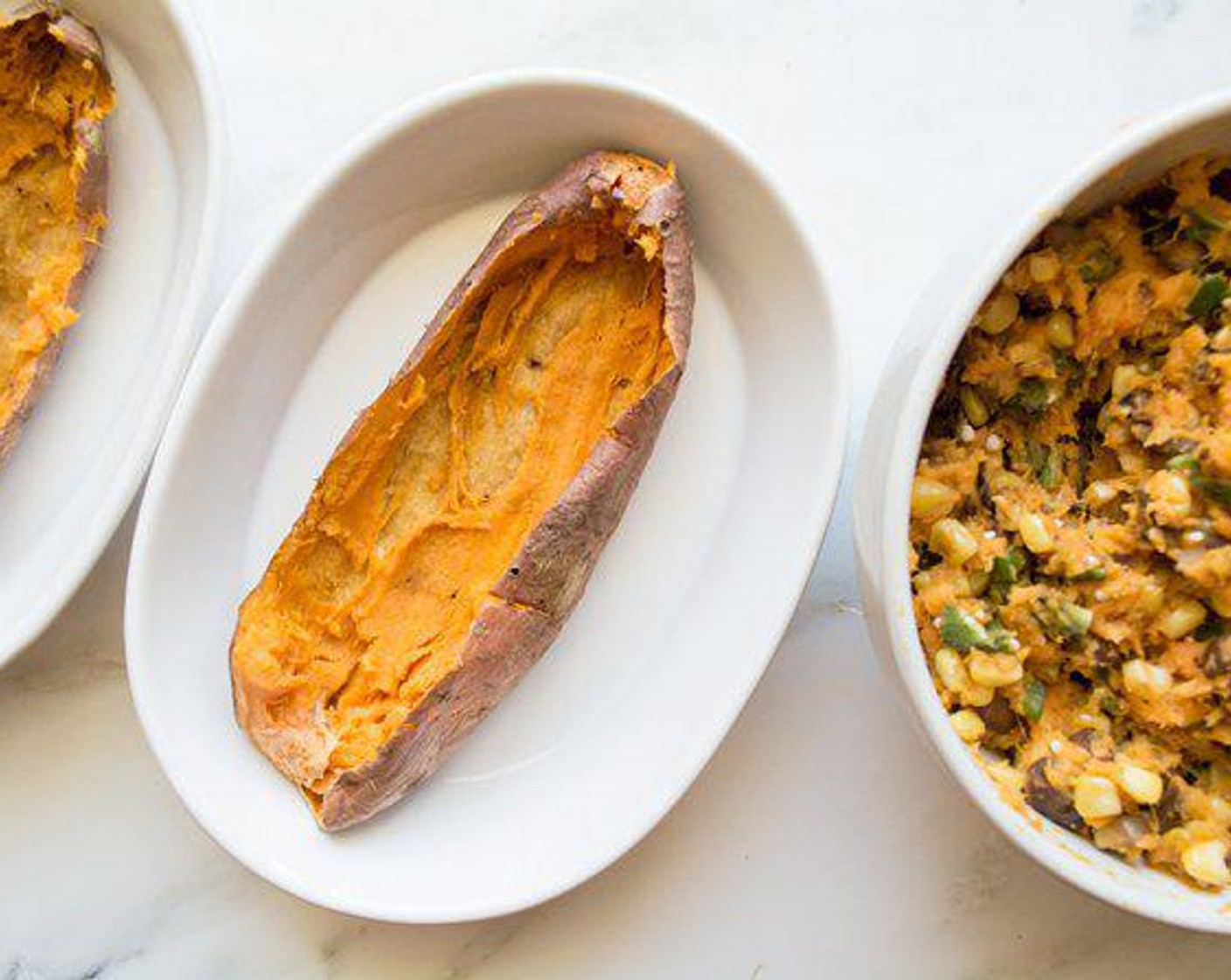 step 6 Cut top section of baked skin off sweet potatoes and scrape out cooked flesh.